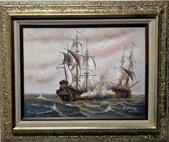 J.Harvey Óleo sobre lienzo, BUQUES EN BATALLA EN EL MAR, Firmado, Enmarcado