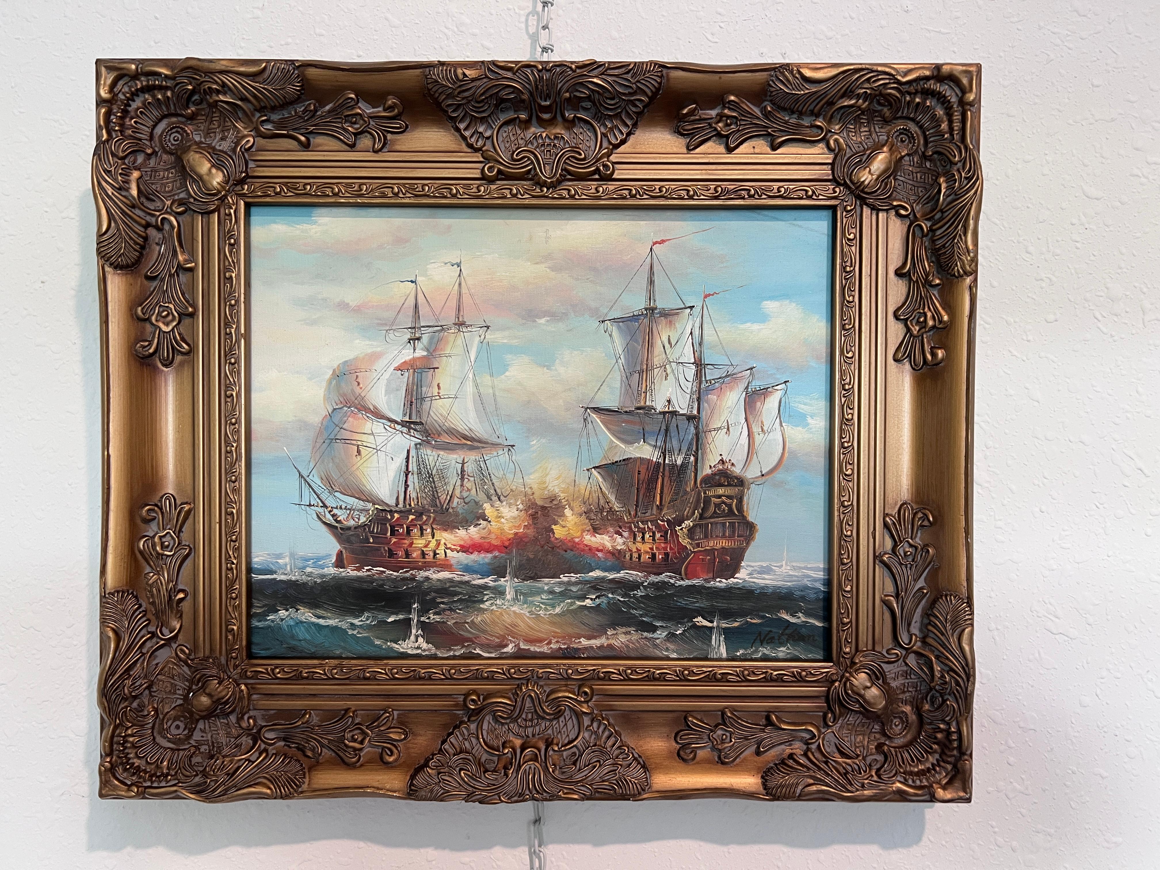 Peinture à l'huile maritime originale - Scène de bataille navale - Signée J. Harvey , encadrée - Painting de J.Harvey