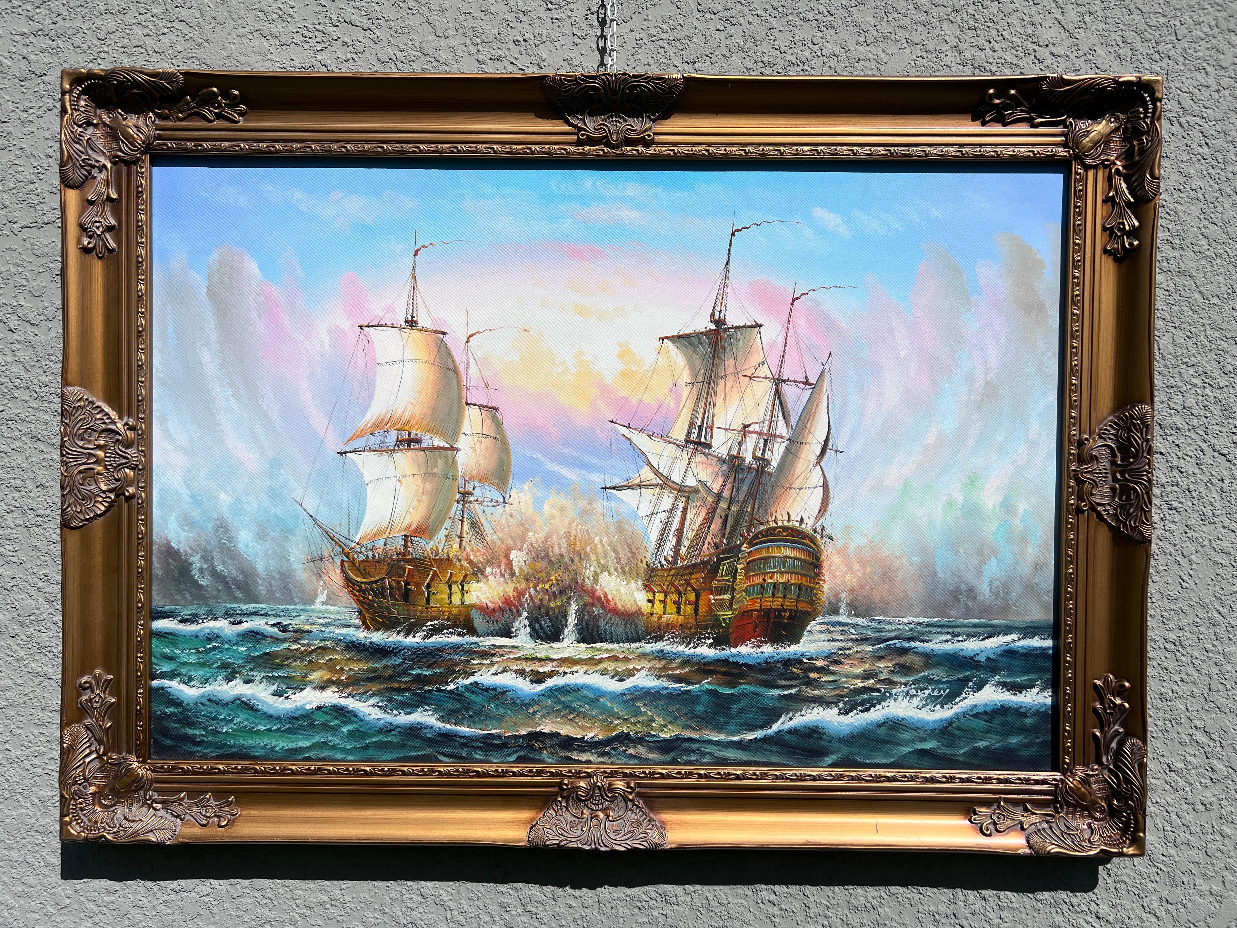 Original Maritimes �Ölgemälde - Seeschlacht-Szene - Signiert J. Harvey , Gerahmt – Painting von J.Harvey