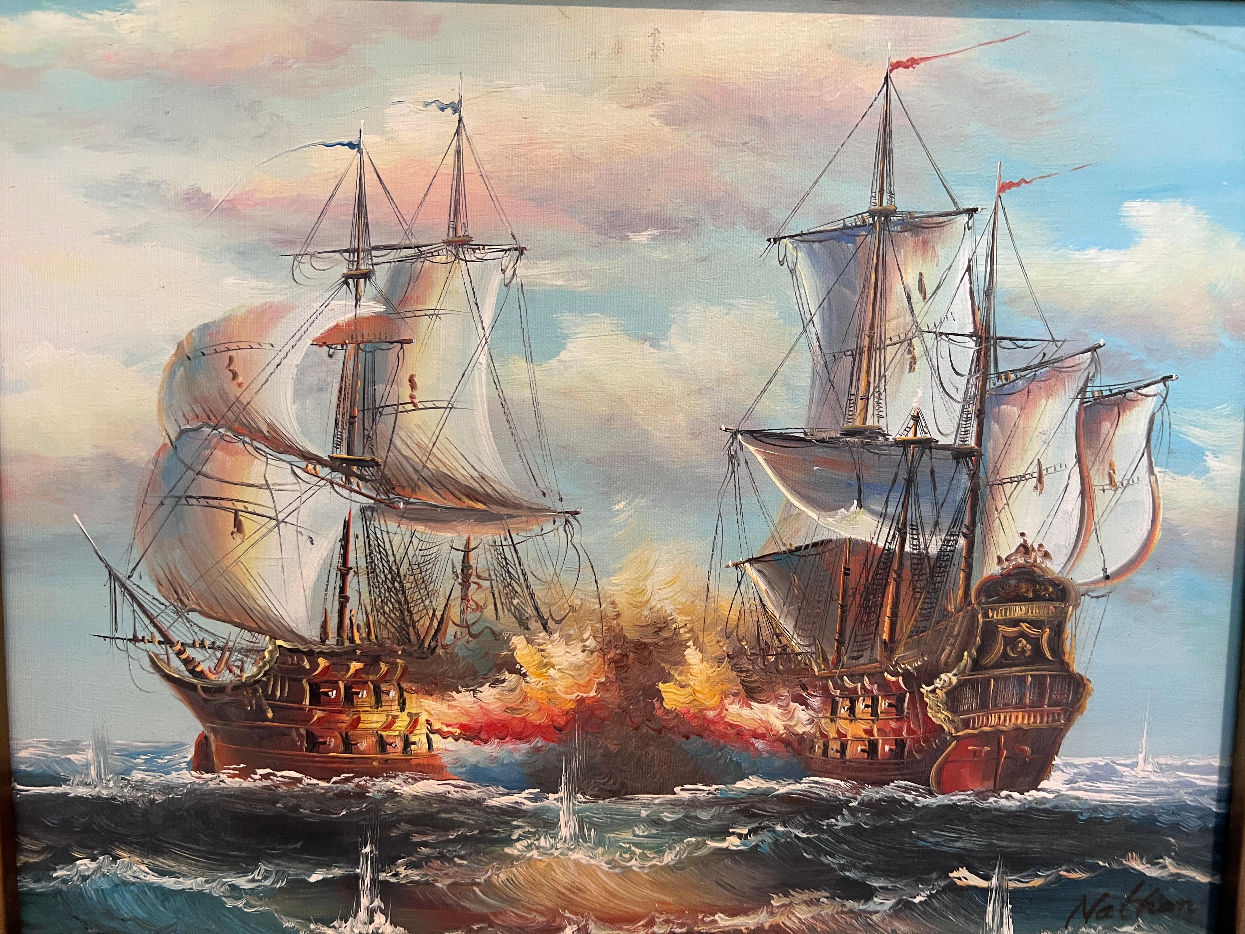 Peinture à l'huile maritime originale - Scène de bataille navale - Signée J. Harvey , encadrée - Impressionnisme Painting par J.Harvey