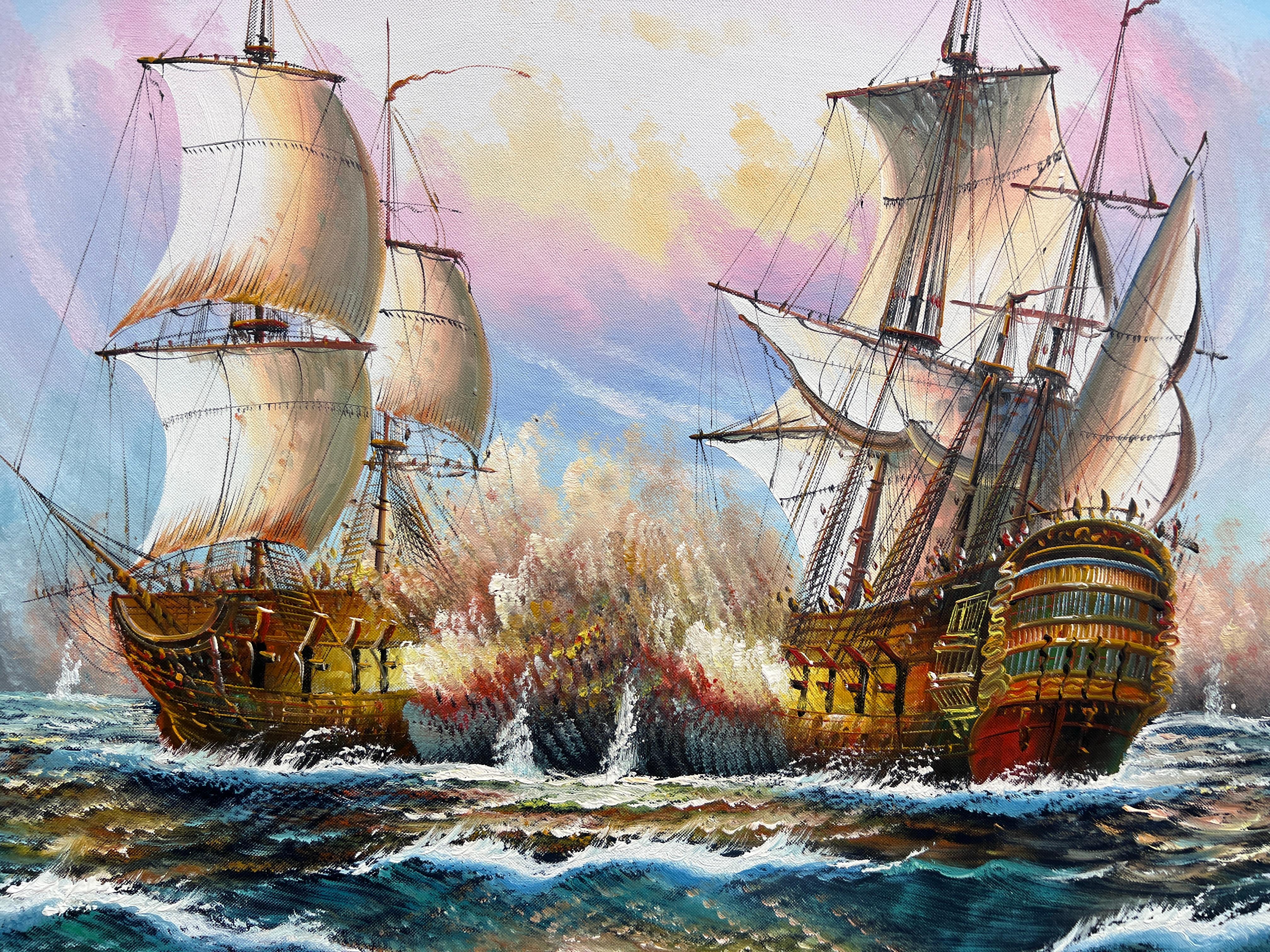 Original Maritimes Ölgemälde - Seeschlacht-Szene - Signiert J. Harvey , Gerahmt (Impressionismus), Painting, von J.Harvey