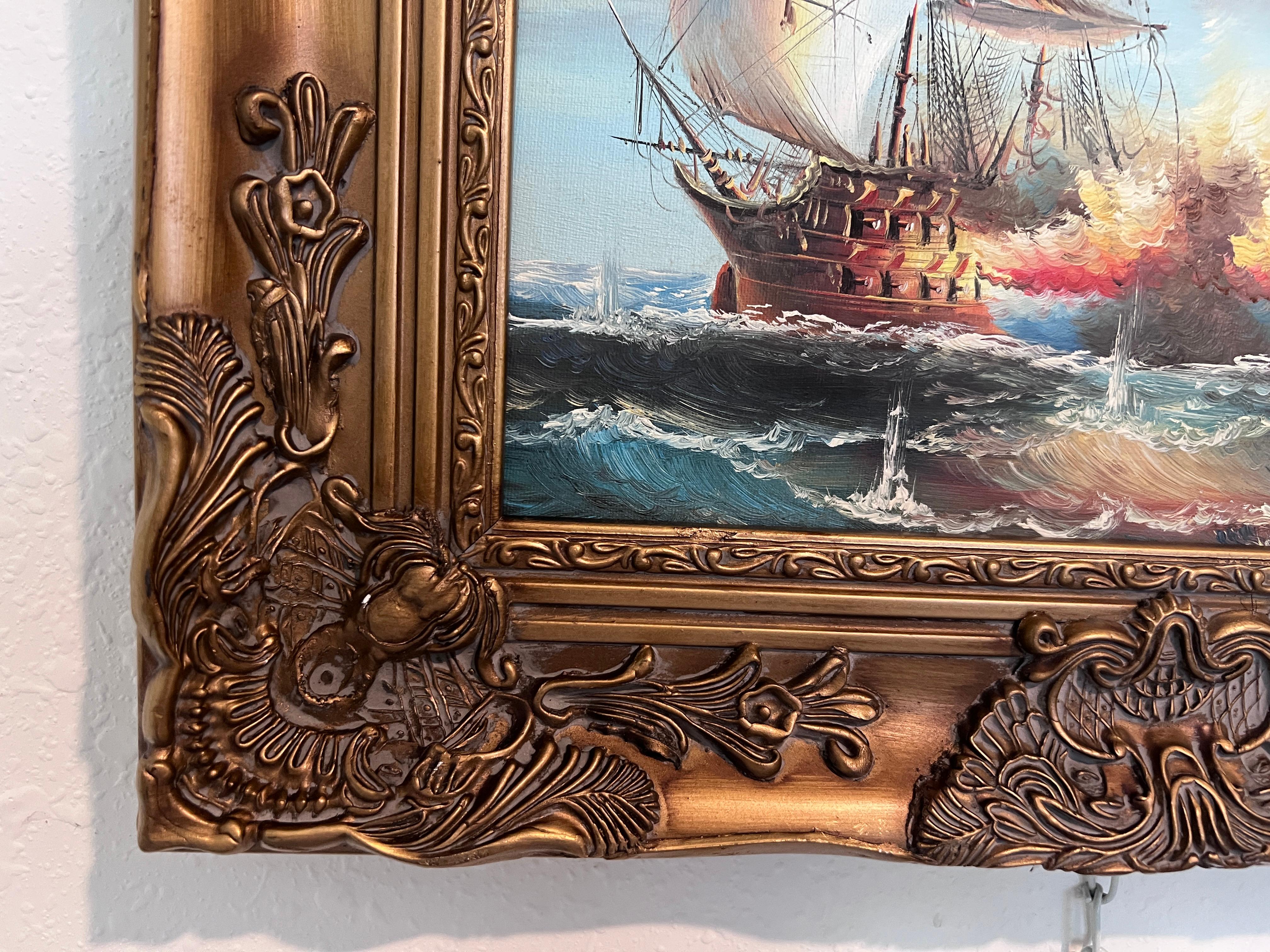 Peinture à l'huile maritime originale - Scène de bataille navale - Signée J. Harvey , encadrée - Noir Landscape Painting par J.Harvey