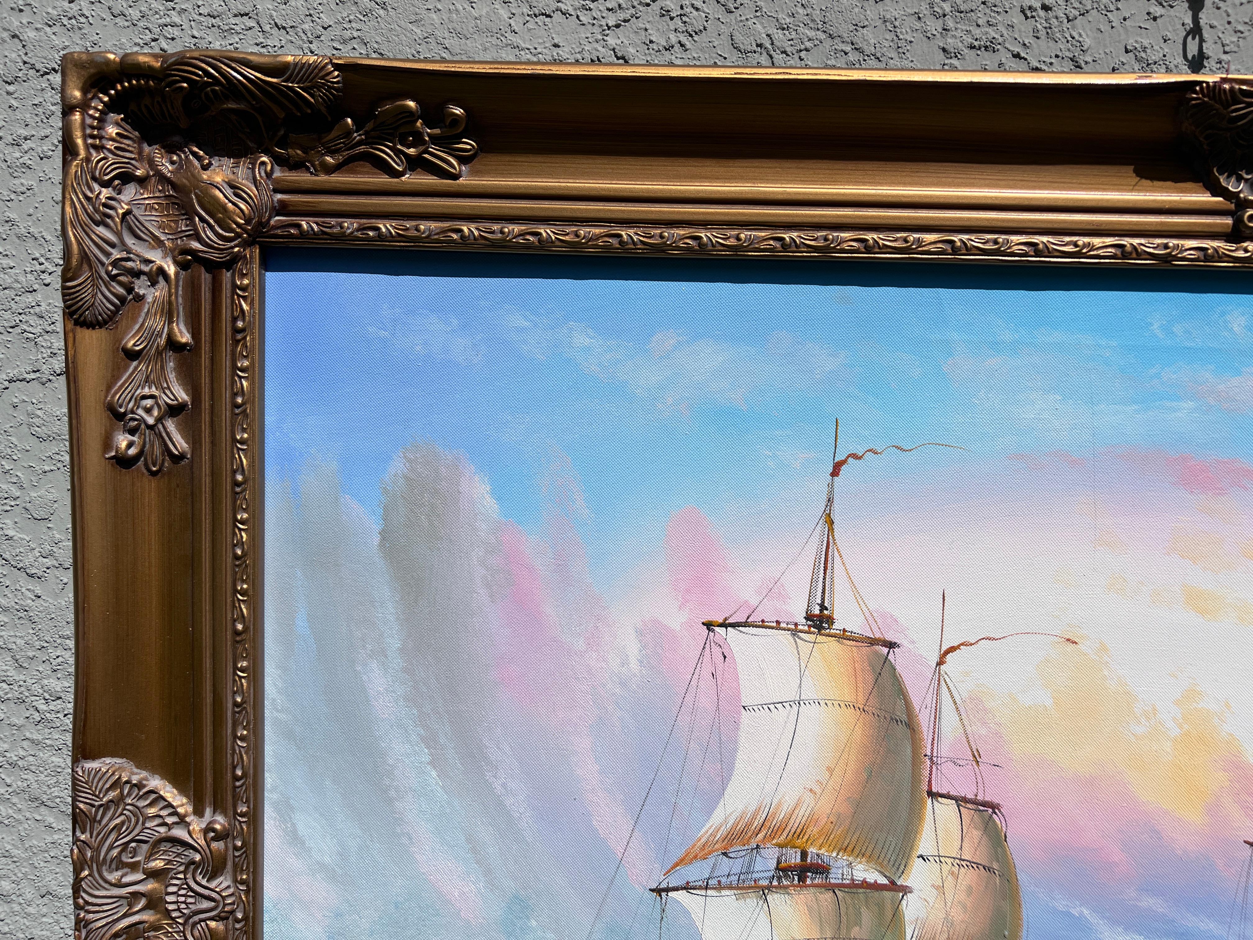 Dieses kraftvolle maritime Ölgemälde zeigt eine intensive Seeschlacht zwischen zwei großen Schiffen aus dem 18. Jahrhundert, die sich im Kampf befinden. Rauchschwaden und Kanonenblitze beleuchten die Segel, während die stürmische See unter ihren