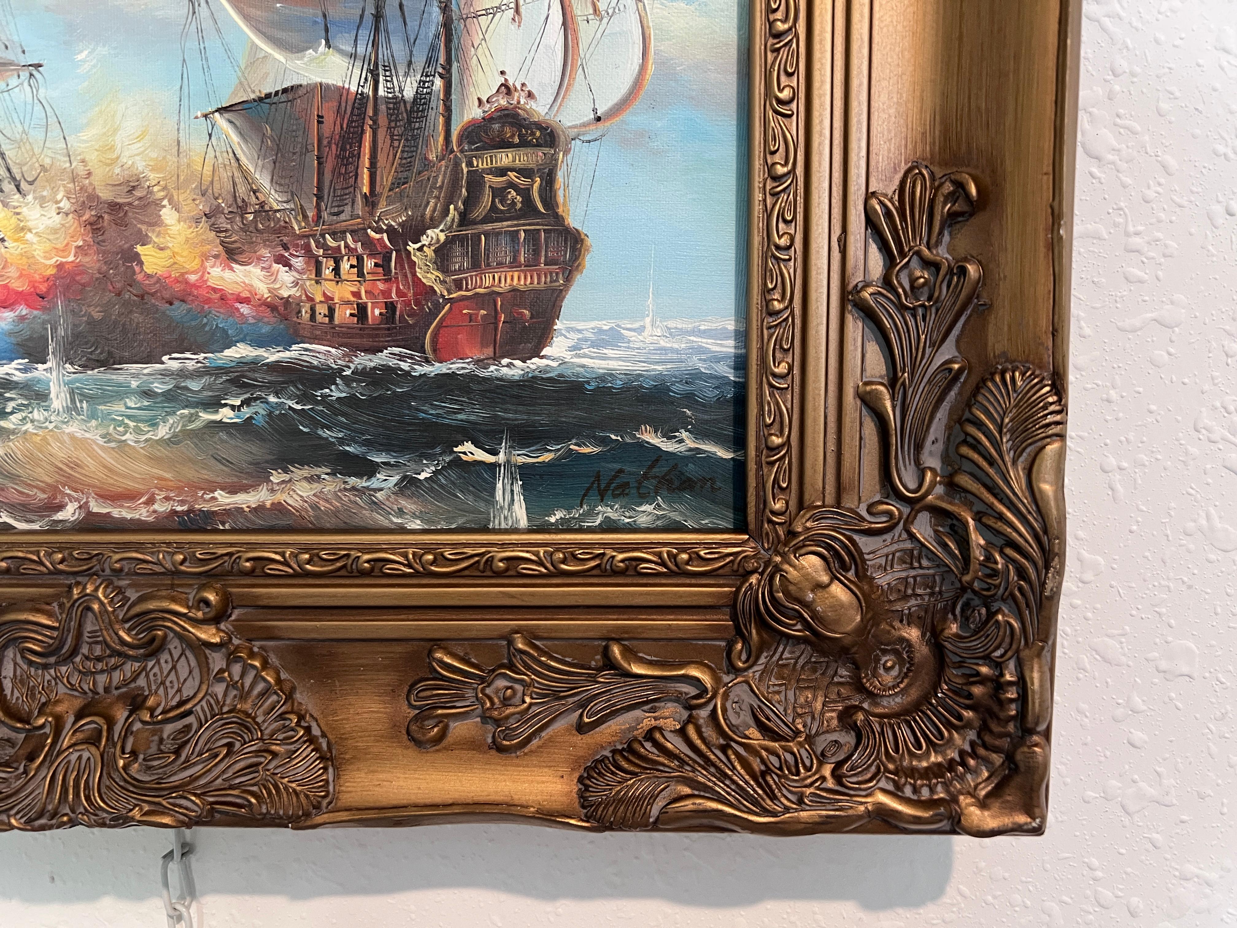 Peinture à l'huile maritime originale - Scène de bataille navale - Signée J. Harvey , encadrée en vente 2