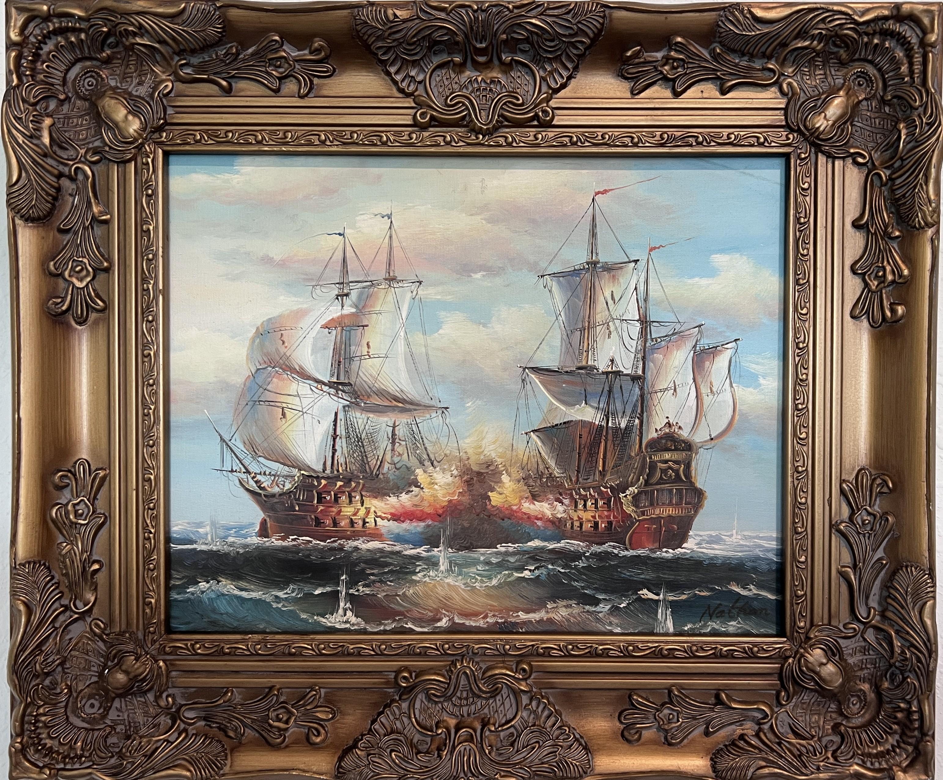 Landscape Painting J.Harvey - Peinture à l'huile maritime originale - Scène de bataille navale - Signée J. Harvey , encadrée