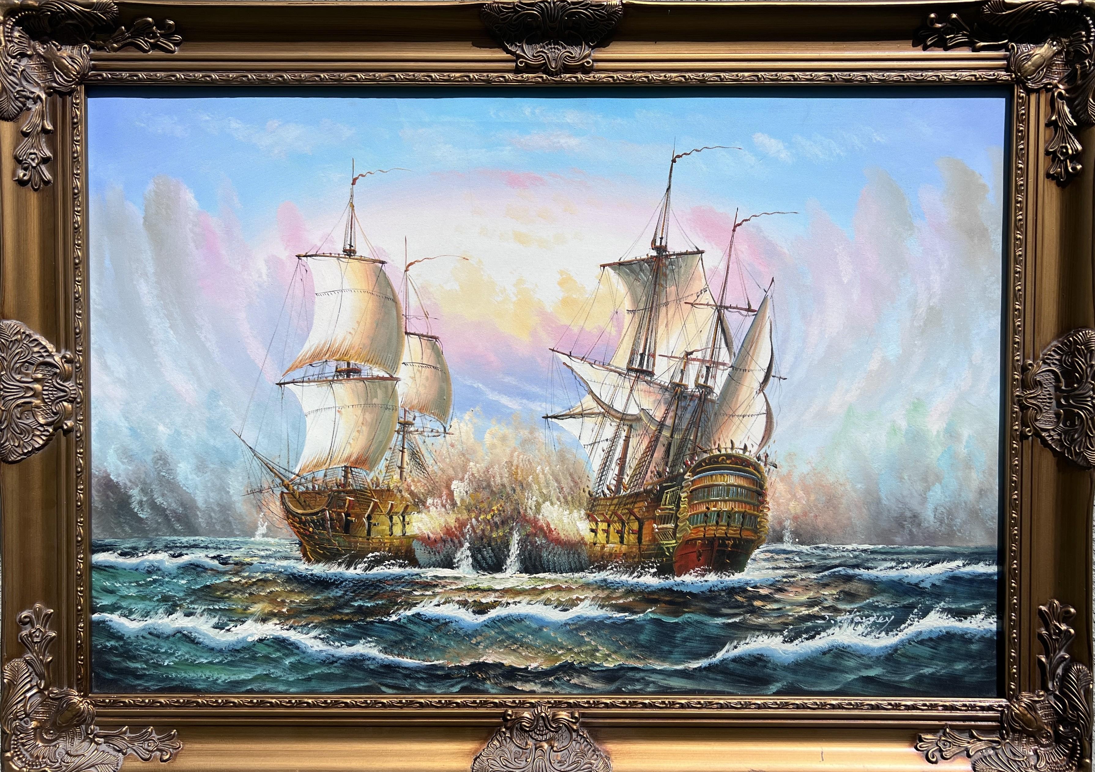 Peinture à l'huile maritime originale - Scène de bataille navale - Signée J. Harvey , encadrée