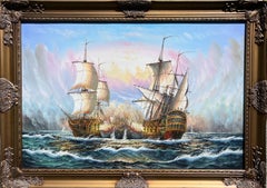 Peinture à l'huile maritime originale - Scène de bataille navale - Signée J. Harvey , encadrée