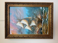 Original Oil Painting Tall Ship at Sea by J. Harvey Framed Maritime Seascape