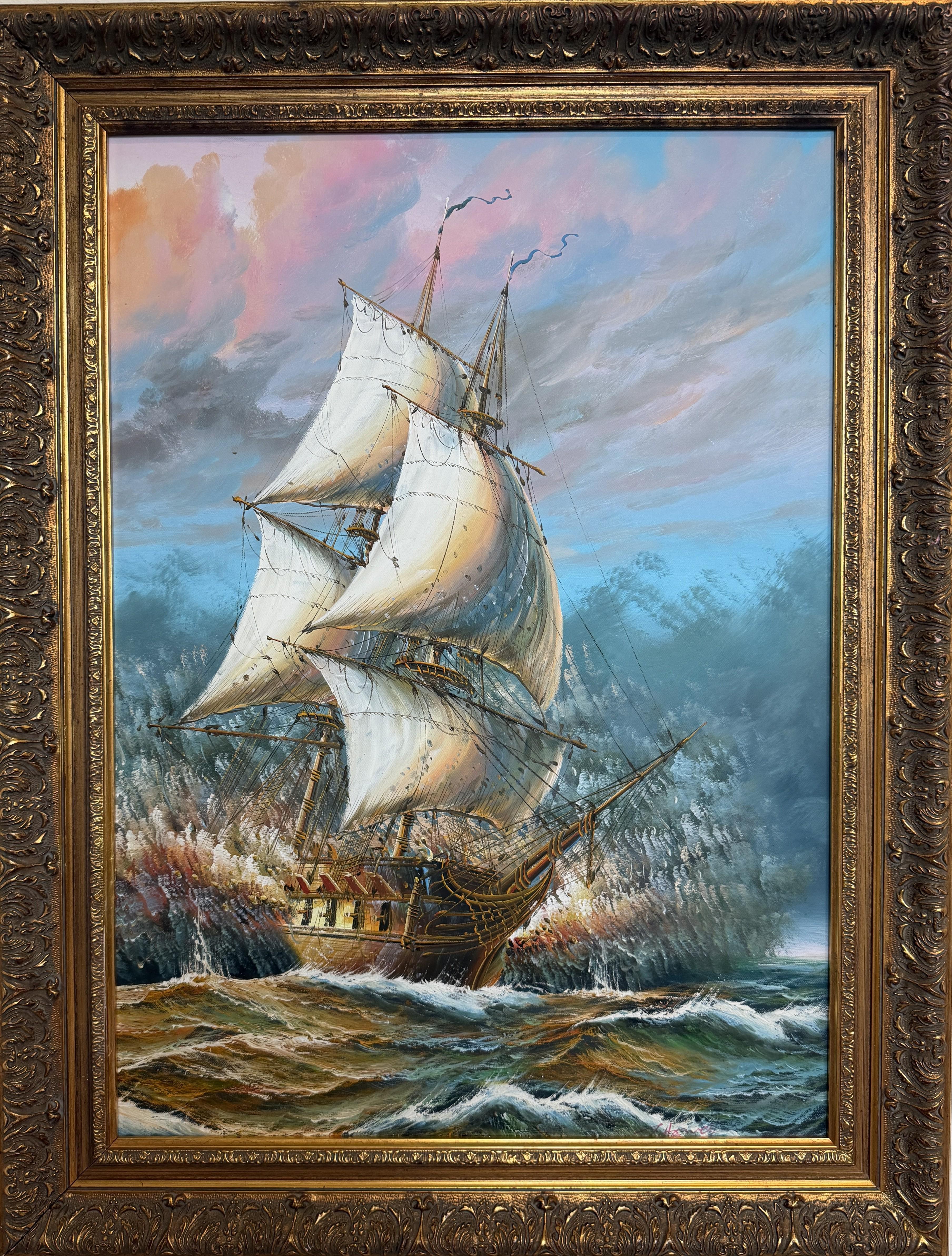 Original Ölgemälde Großes Schiff auf See von J. Harvey Gerahmt Maritime Seelandschaft