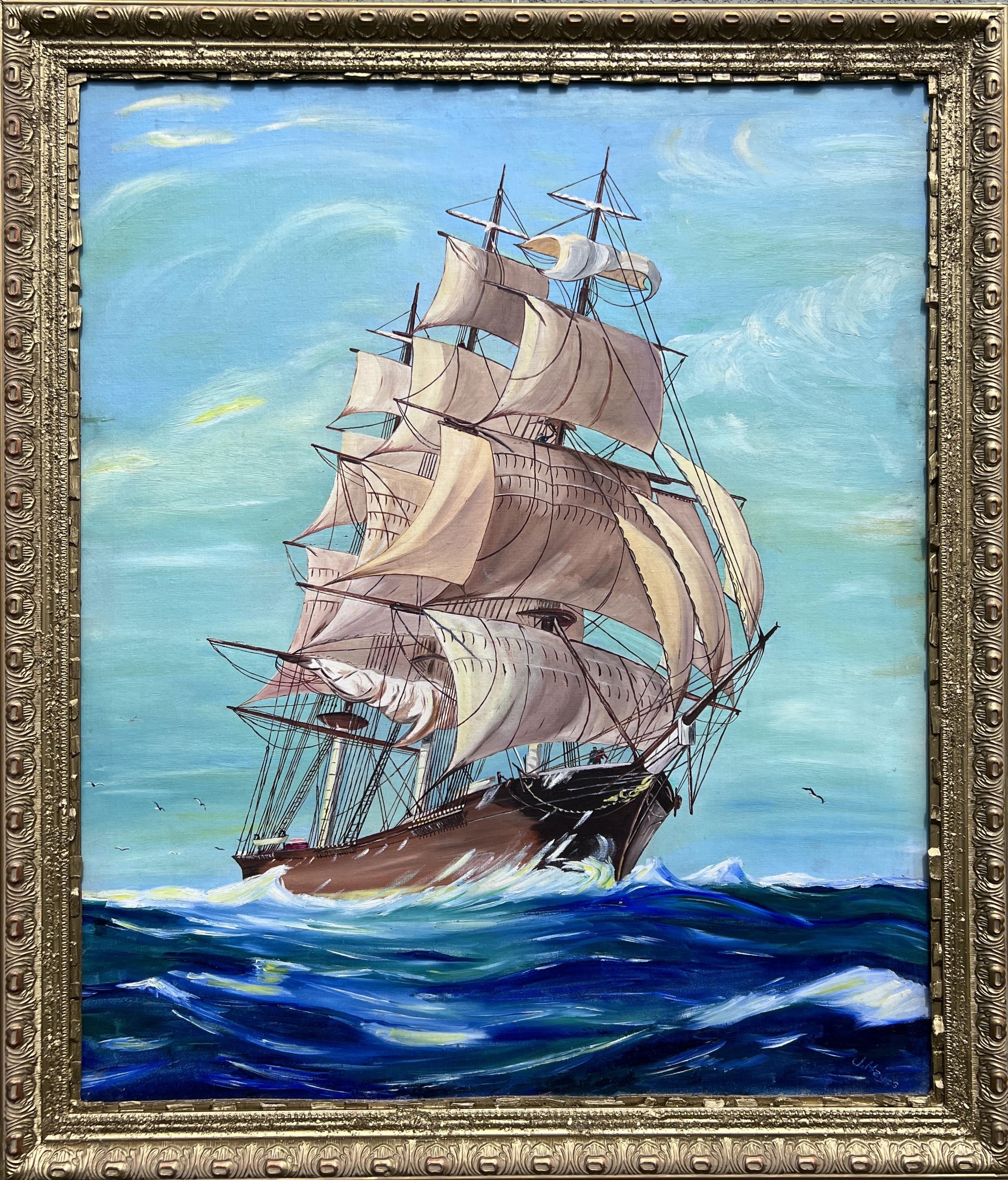 This maritime large painting on board  by J. Hayes depicts a majestic tall ship sailing through turbulent ocean waves under a bright blue sky. The ship's sails are fully unfurled, catching the wind as it tilts slightly to the side, emphasizing