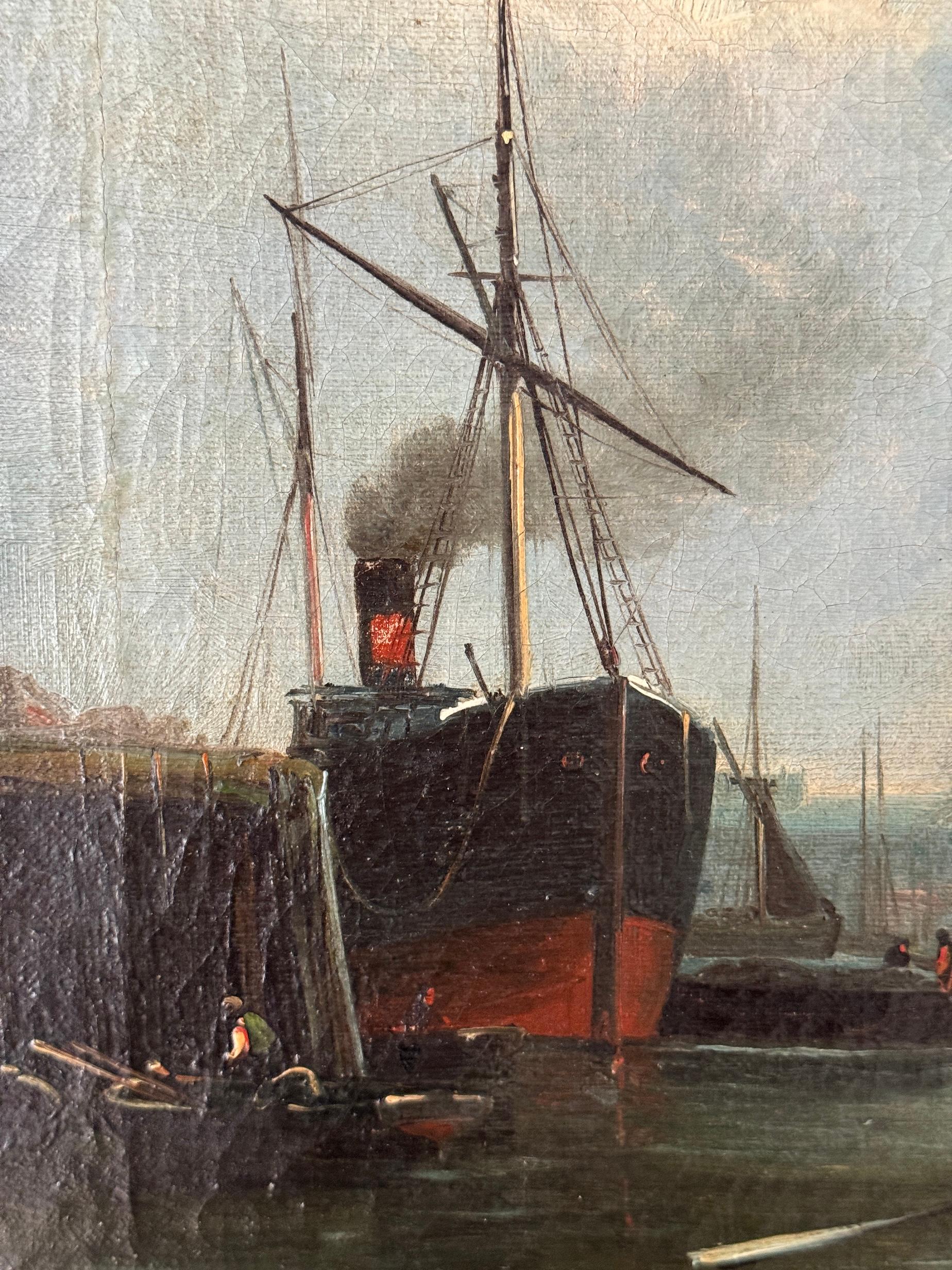 19th century English View Boats on the Thames at Greenwich London - Brown Landscape Painting by J.Heal