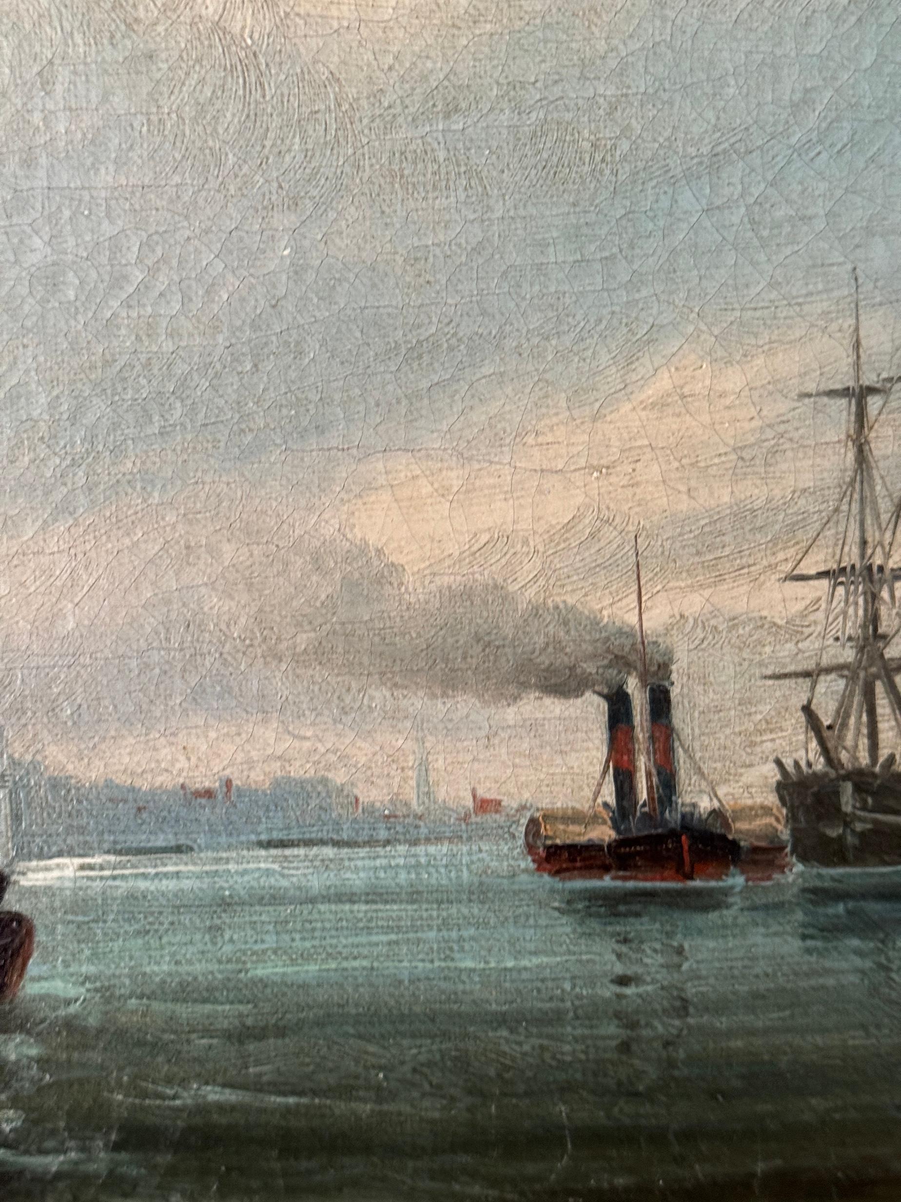19th century English View Boats on the Thames at Greenwich London For Sale 1