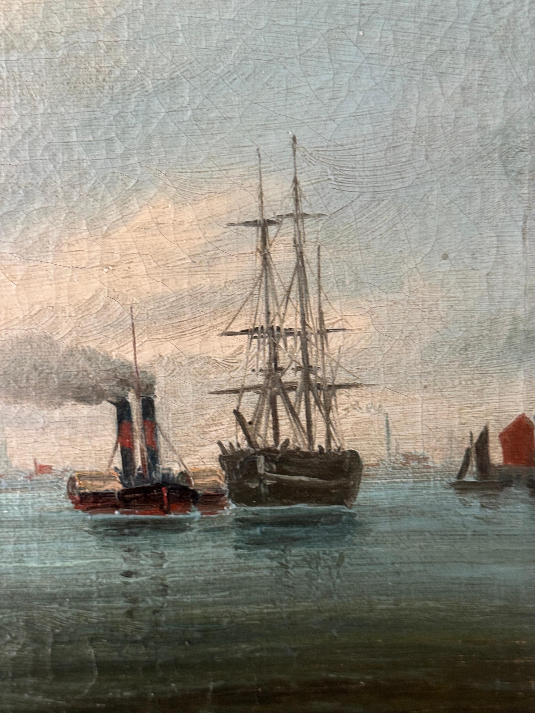 19th century English View Boats on the Thames at Greenwich London For Sale 2