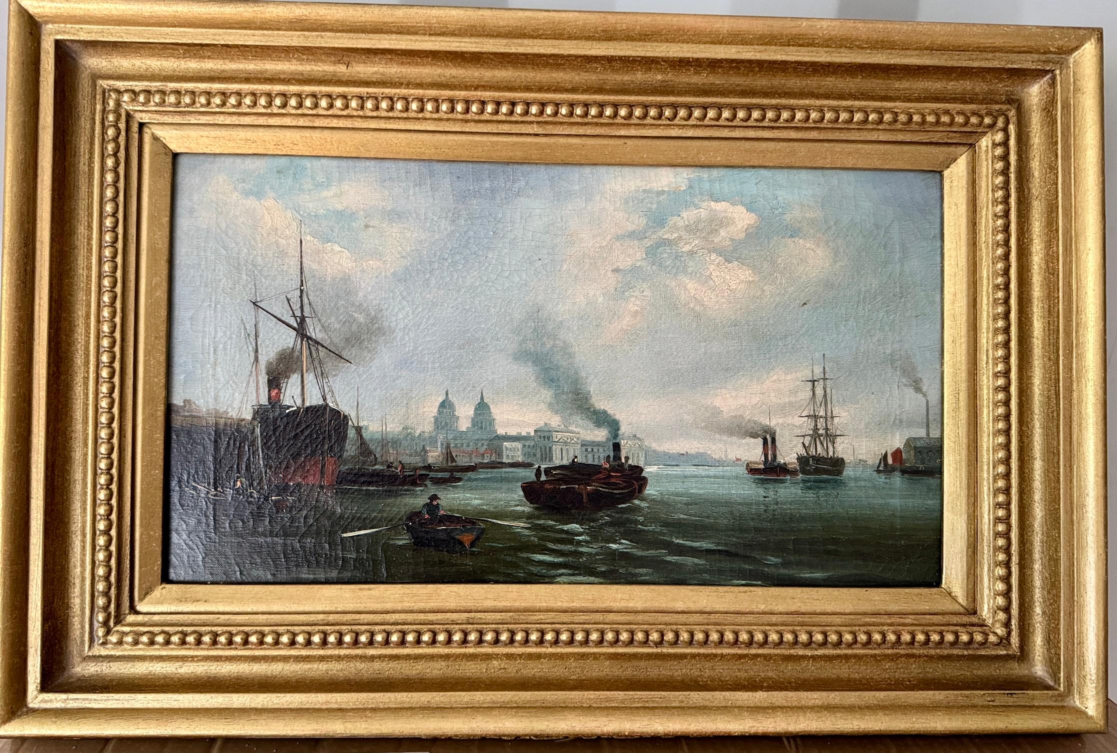 19th century English View Boats on the Thames at Greenwich London