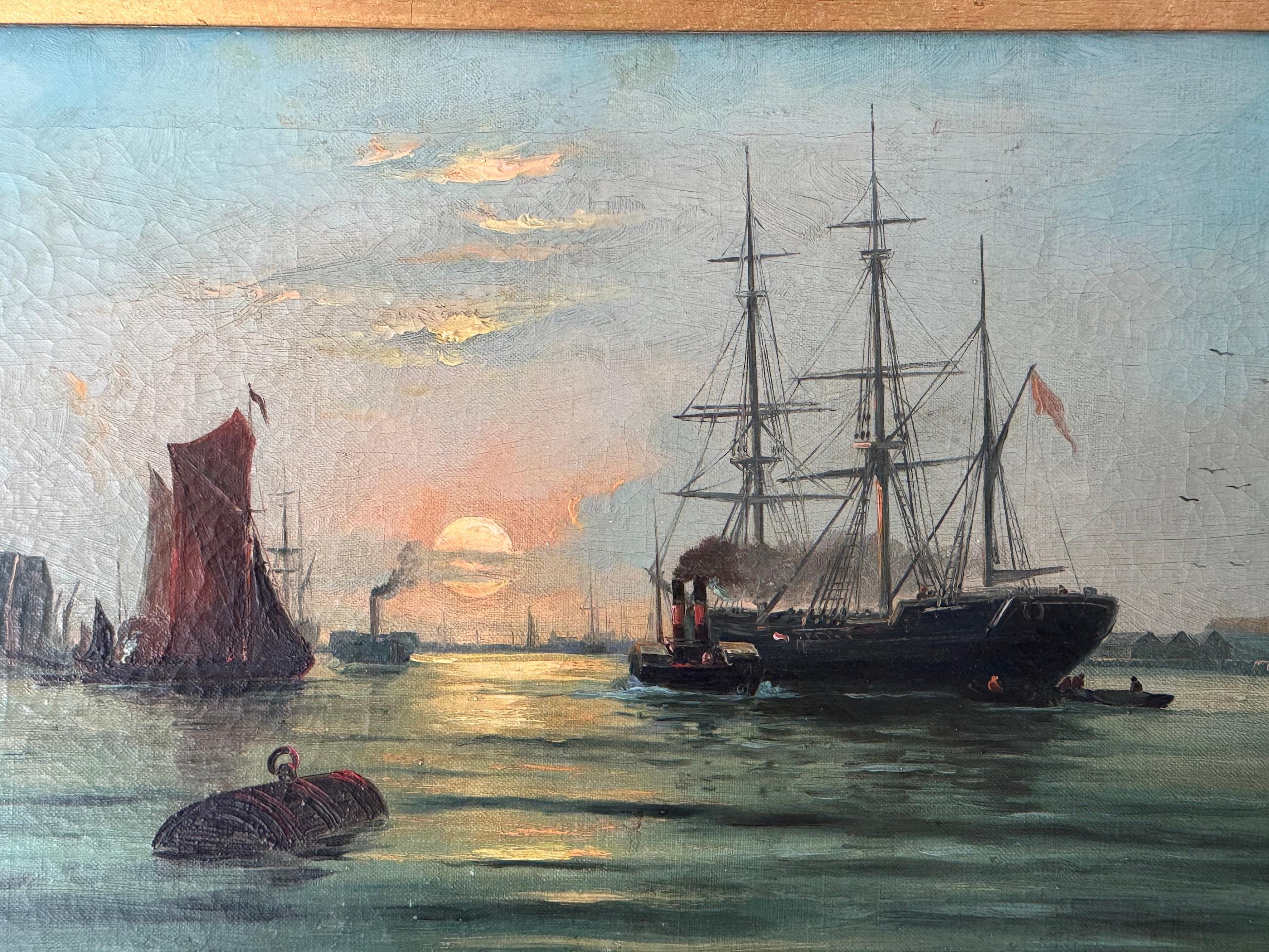 Vue anglaise du 19e siècle Bateaux sur l'estuaire de la Tamise, Londres - Painting de J.Heal