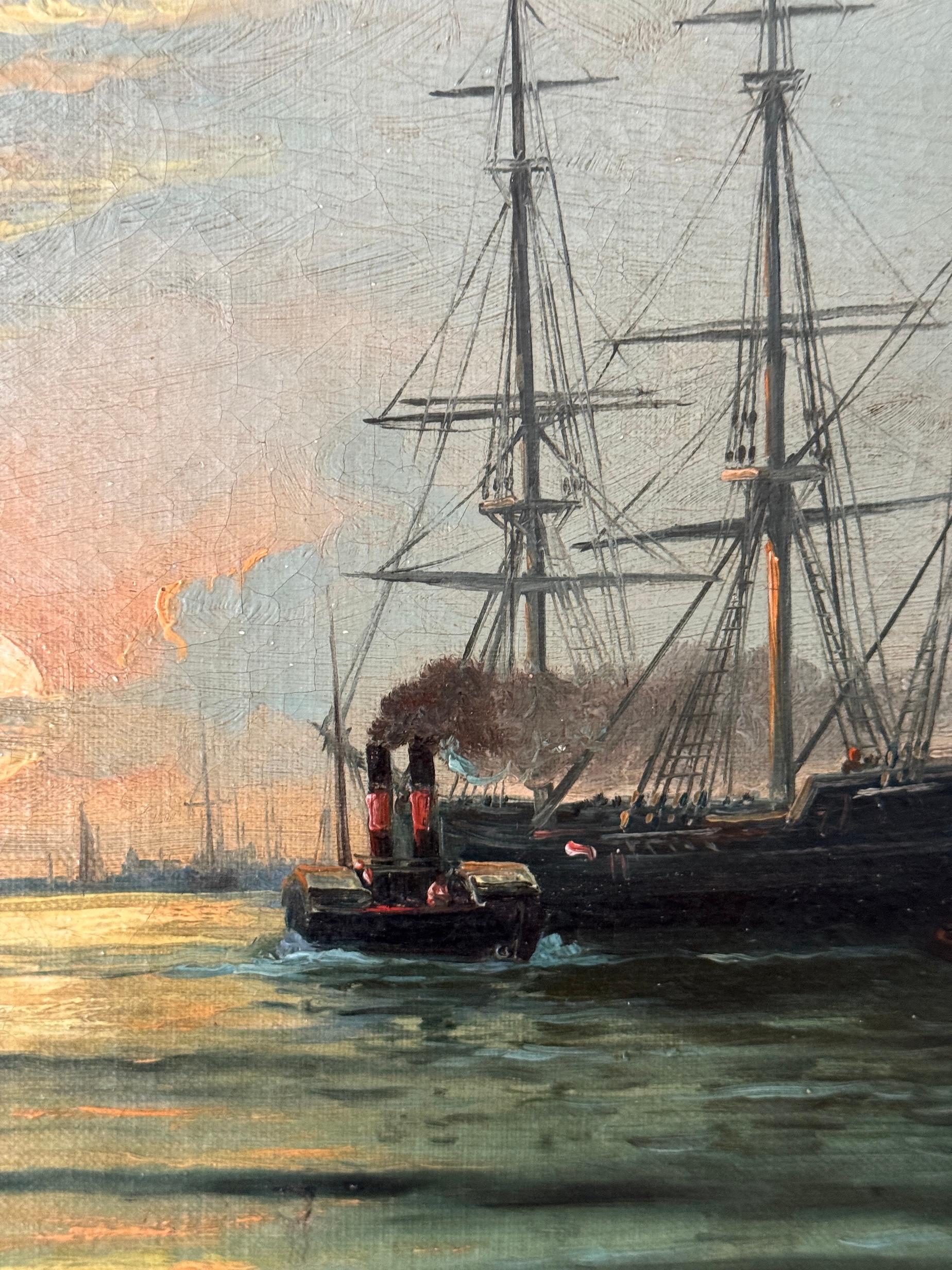 Vue anglaise du 19e siècle Bateaux sur l'estuaire de la Tamise, Londres - Victorien Painting par J.Heal
