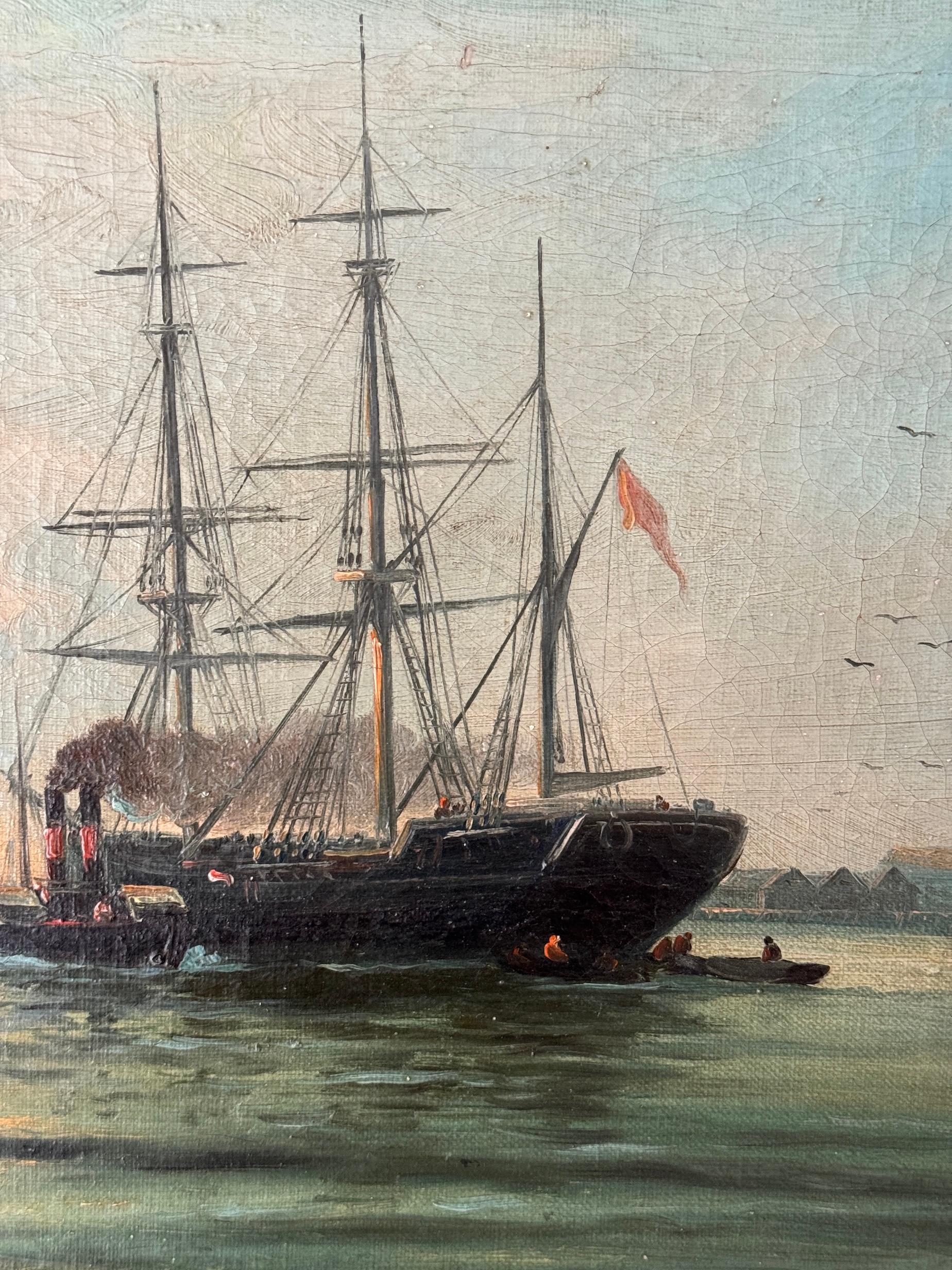 Vue anglaise du 19e siècle Bateaux sur l'estuaire de la Tamise, Londres - Marron Landscape Painting par J.Heal