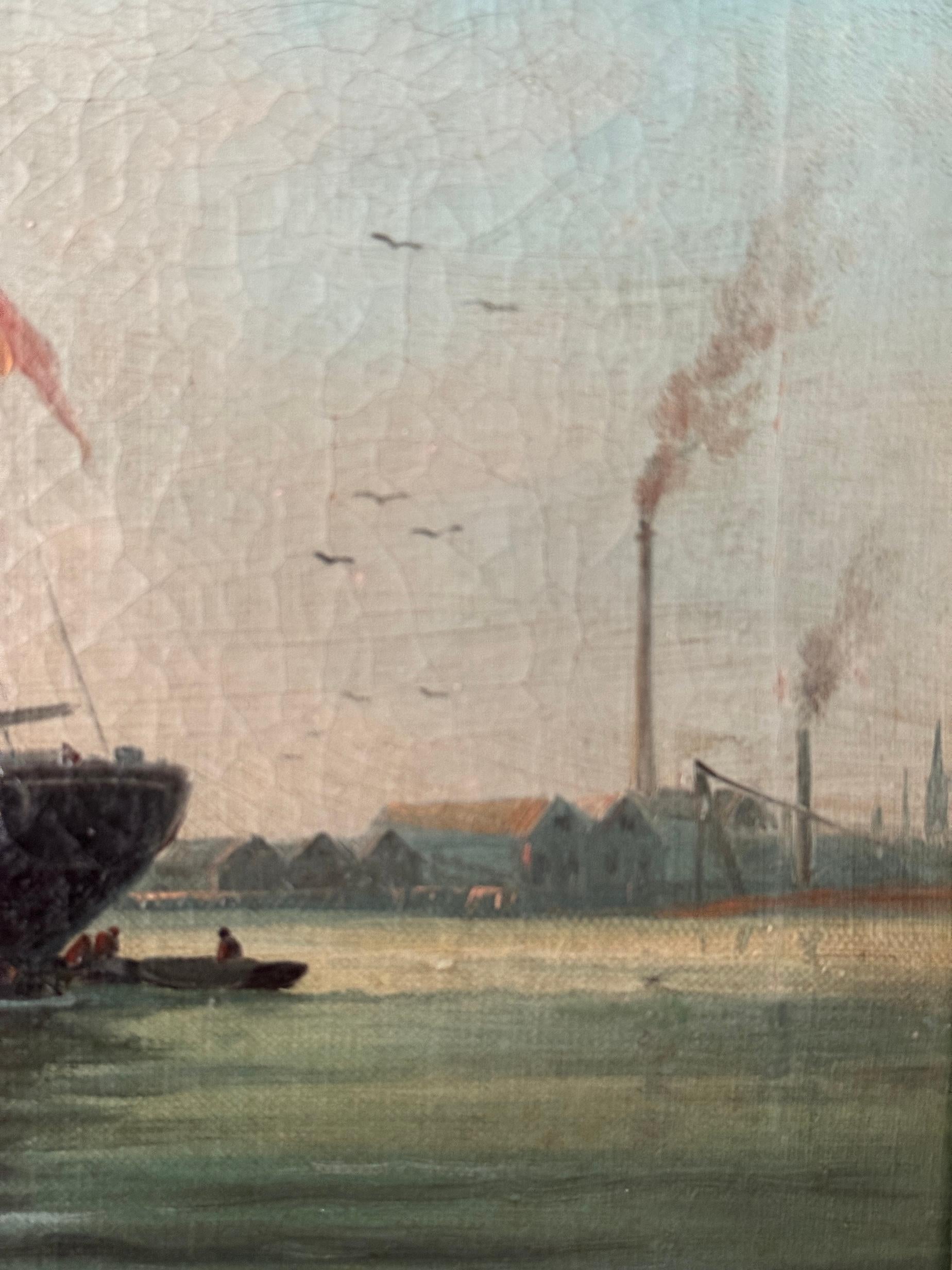 J. Heal
L'estuaire de la Tamise, Londres, huile sur toile, vers 1890

Cette scène maritime évocatrice de J. Heal, peinte vers 1890, capture l'estuaire de la Tamise à la fin de l'ère victorienne, une époque où la vapeur, la voile et l'industrie