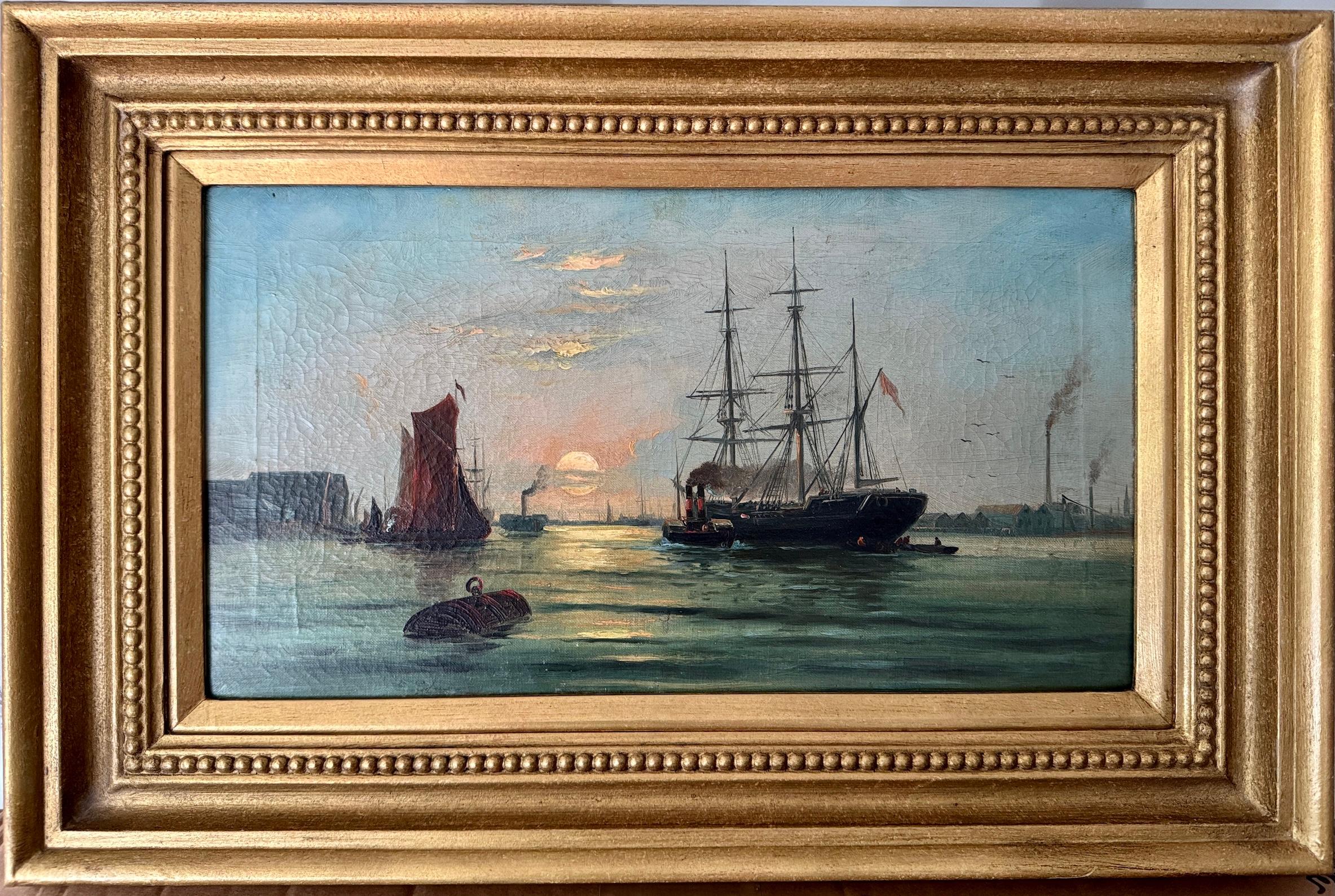 Landscape Painting J.Heal - Vue anglaise du 19e siècle Bateaux sur l'estuaire de la Tamise, Londres