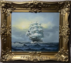 Vintage Herison J. original painting on canvas, Seascape, Sailing Ship, Gorgeous Frame