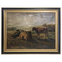 Antique JHL De Haas, Antwerp, Large Oil on Canvas of Cows in a Pasture