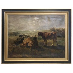 JHL De Haas, Antwerp, Large Oil on Canvas of Cows in a Pasture