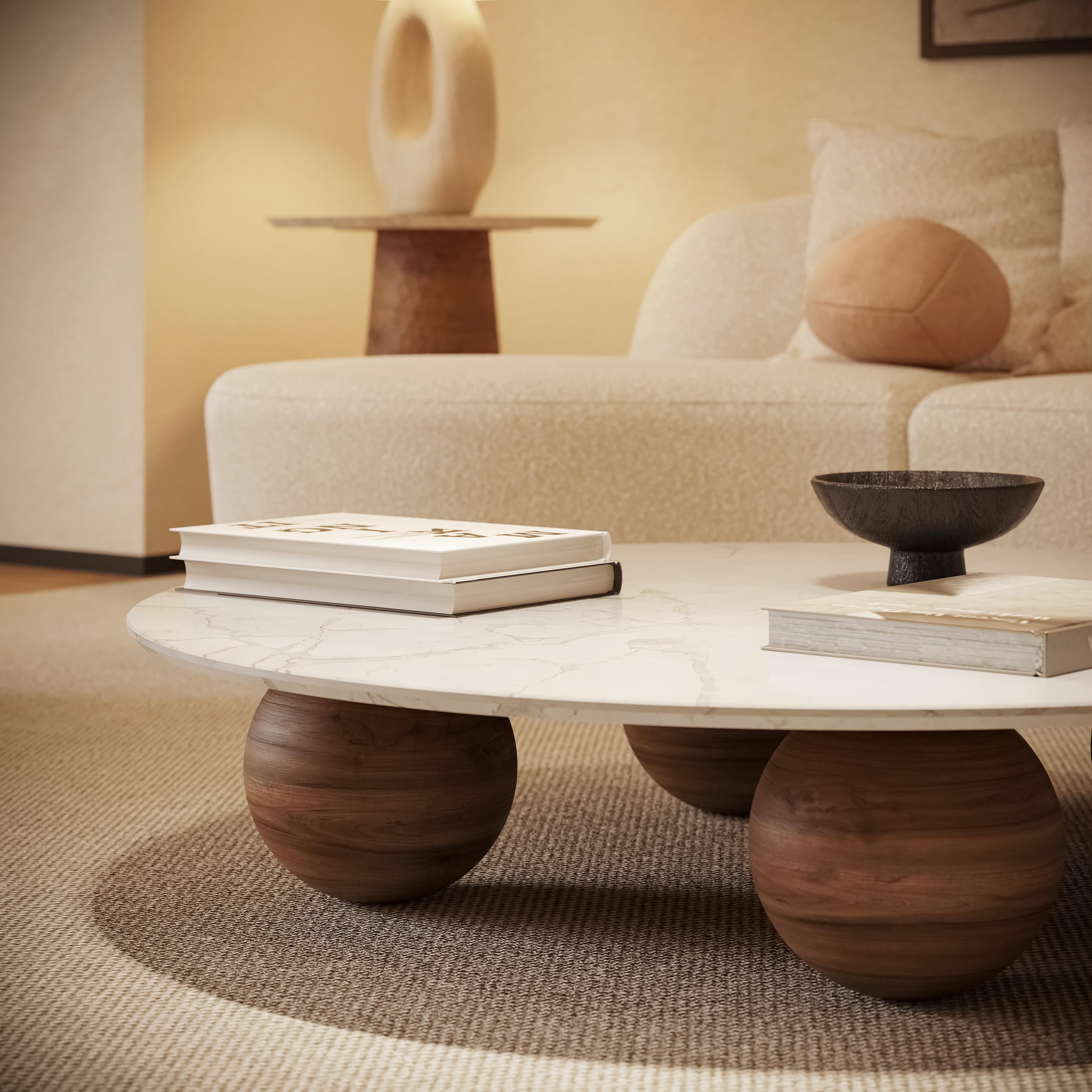 Moderne Jhoan Coffee Table by Nolita Harbour: Round Marble Top with Walnut Sphere Legs en vente