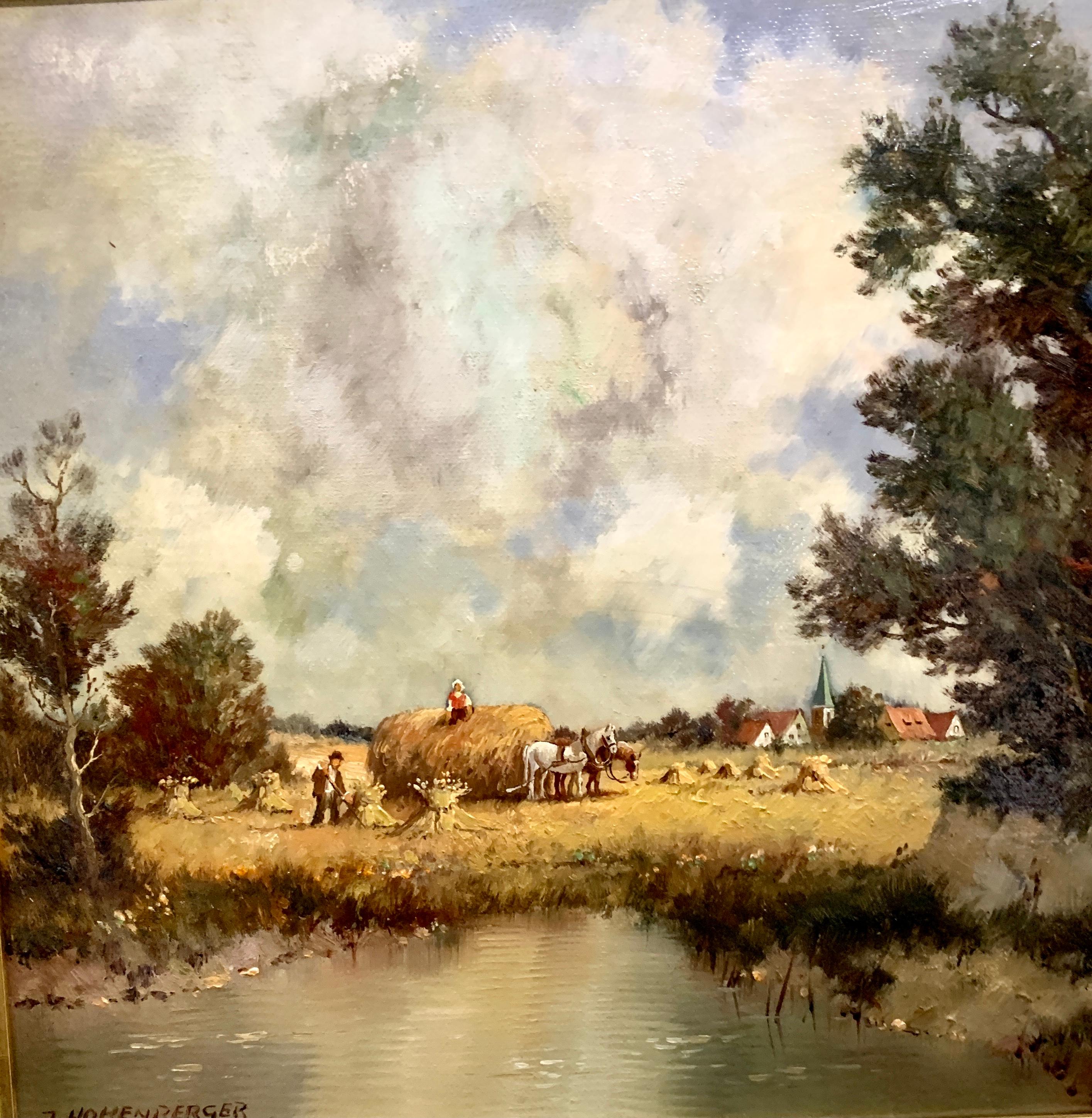 20th century Harvest River landscape with horses, farmers, a church and village. - Painting by J.Hohenberger