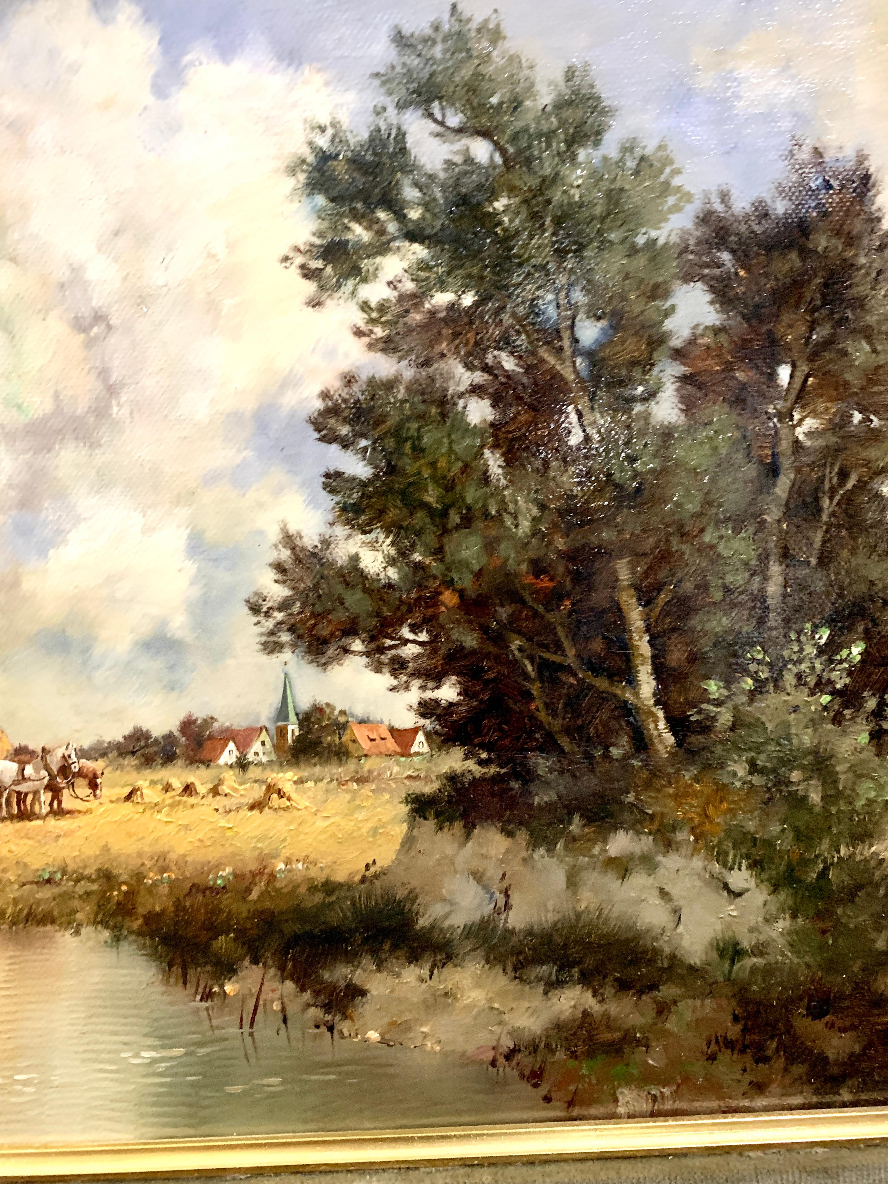 Paysage du 20e siècle sur la rivière Harvest avec des chevaux, des fermiers, une église et un village. - Victorien Painting par J.Hohenberger