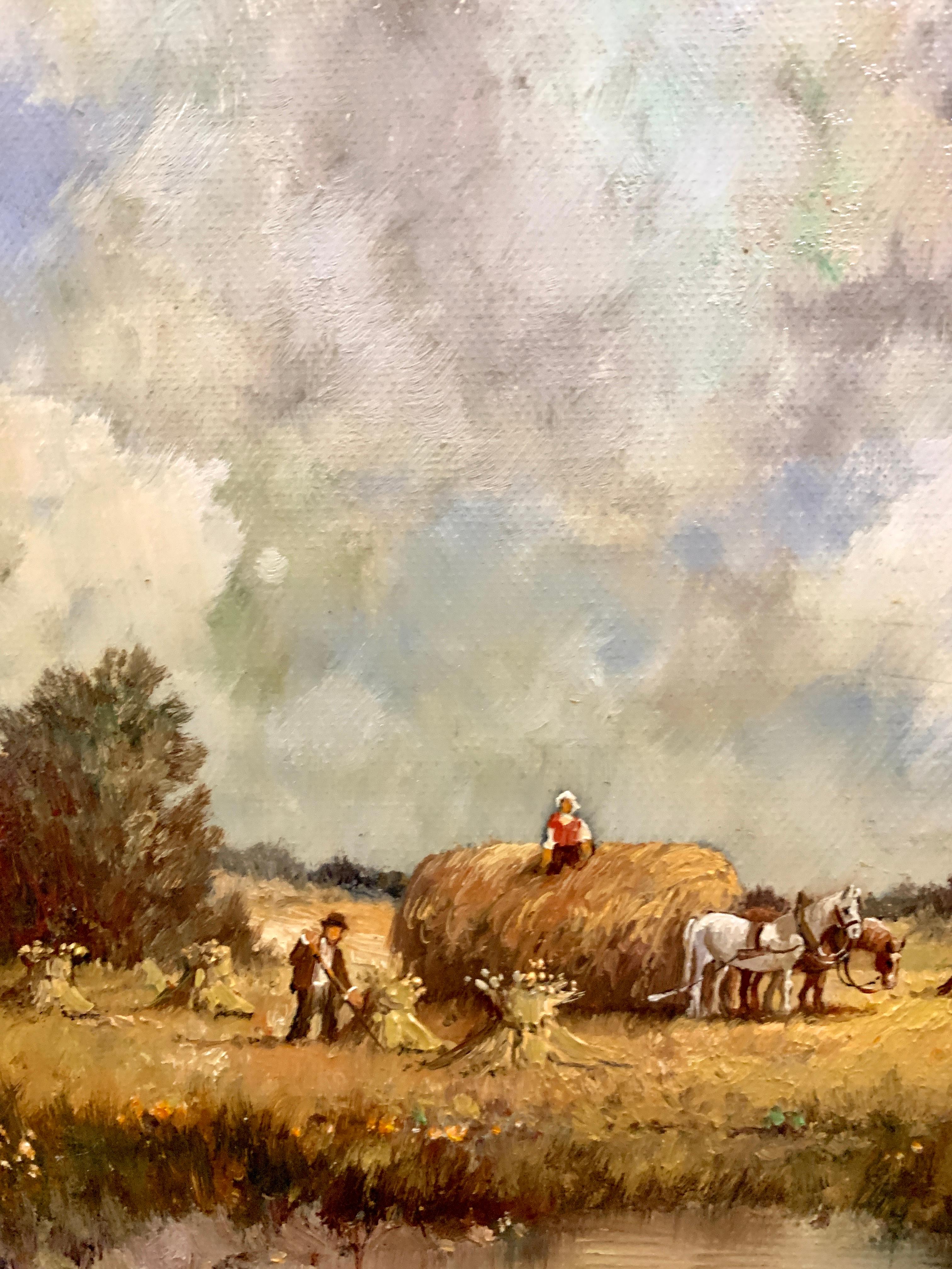 Paysage du 20e siècle sur la rivière Harvest avec des chevaux, des fermiers, une église et un village. - Marron Figurative Painting par J.Hohenberger