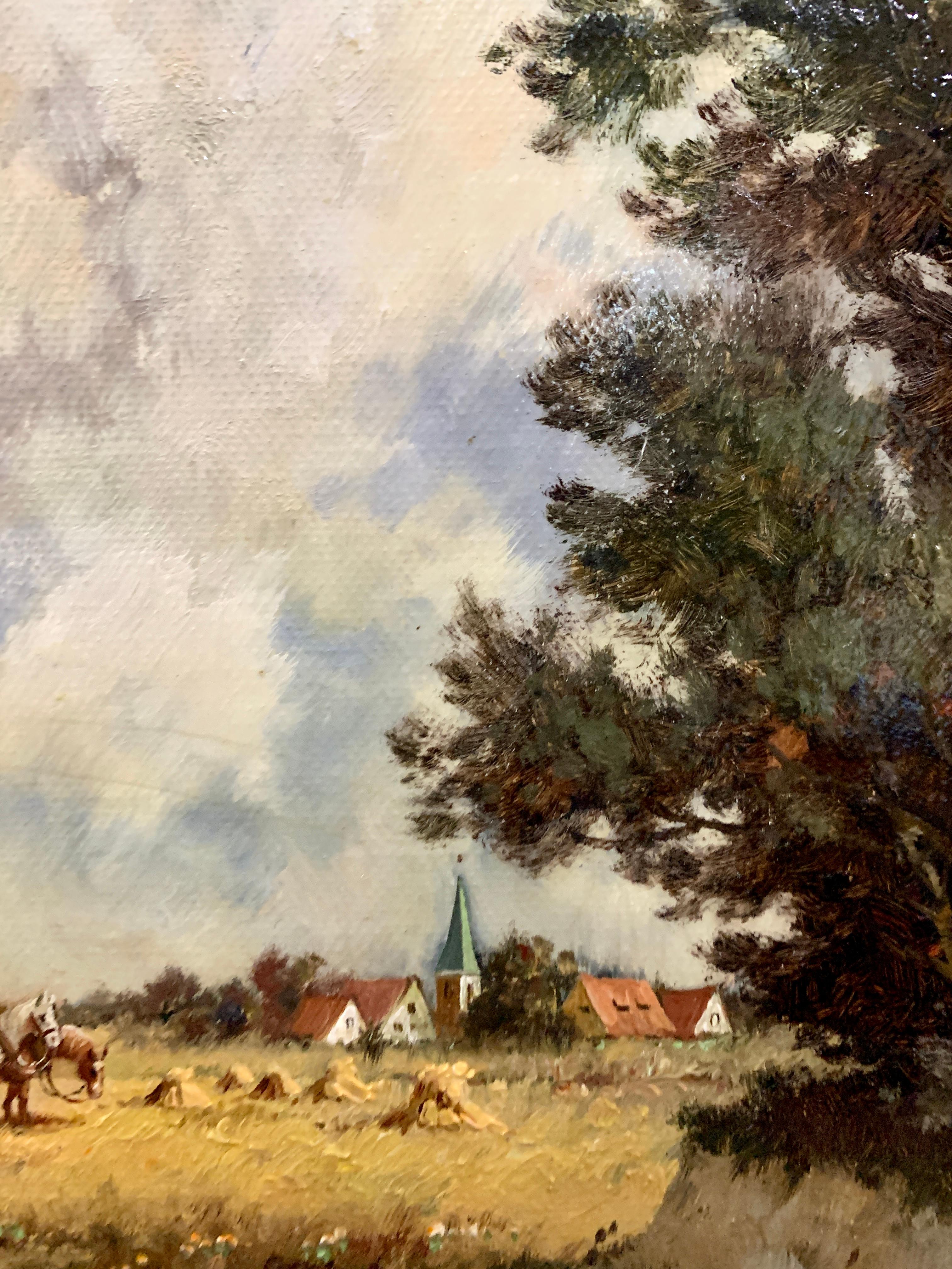 20th century Harvest River landscape with horses, farmers, a church and village. - Victorian Painting by J.Hohenberger