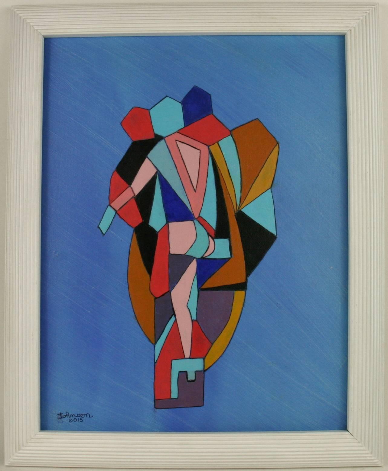 #5-2933a   Cubic Figures, acrylic on artist board displayed in a white wood frame,signed lower left by Jhonson.Image size 17 H x 13.5