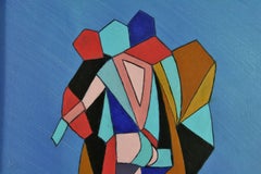 Cubic Three Lovers Abstract Painting, Oil on Board, Framed, 1980s