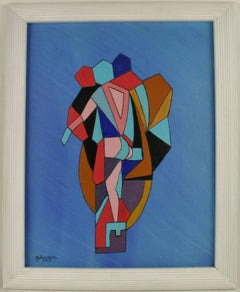 Quadro astratto Cubic Three Lovers, olio su tavola, incorniciato, anni '80