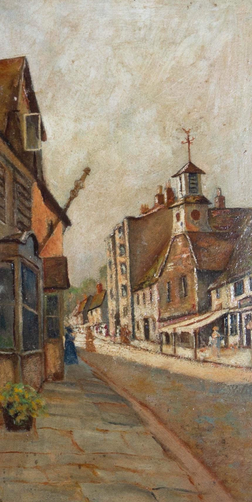 An impressionistic street scene, most likely painted in the first decade of the century. Presented in an ornate gilt-effect frame with acanthus leaf detailing to the outer edge. Signed to the lower-right edge. On board.
