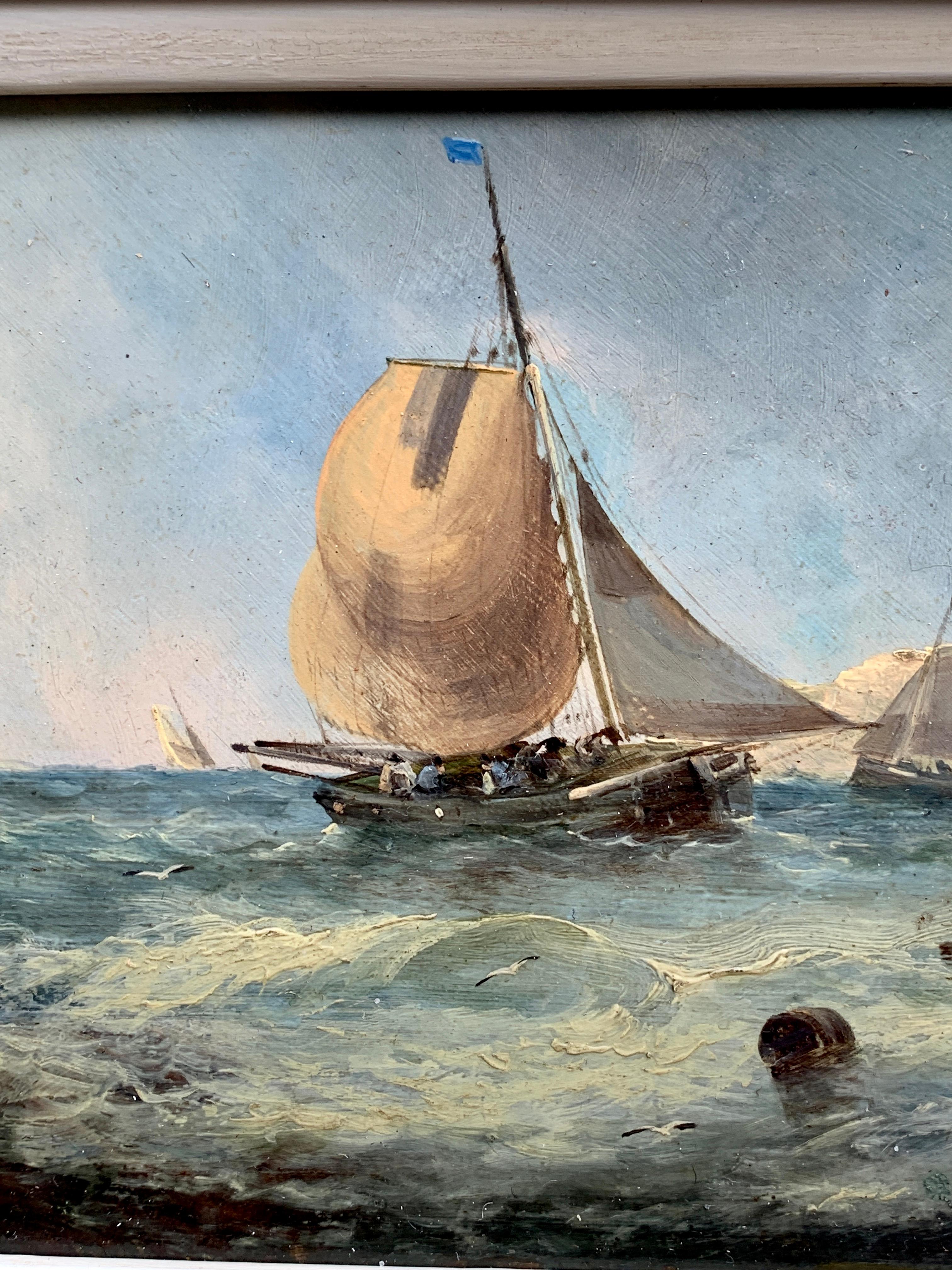 19th century antique English fishing boats by the White Cliffs of Dover - Painting by J.H.Watson