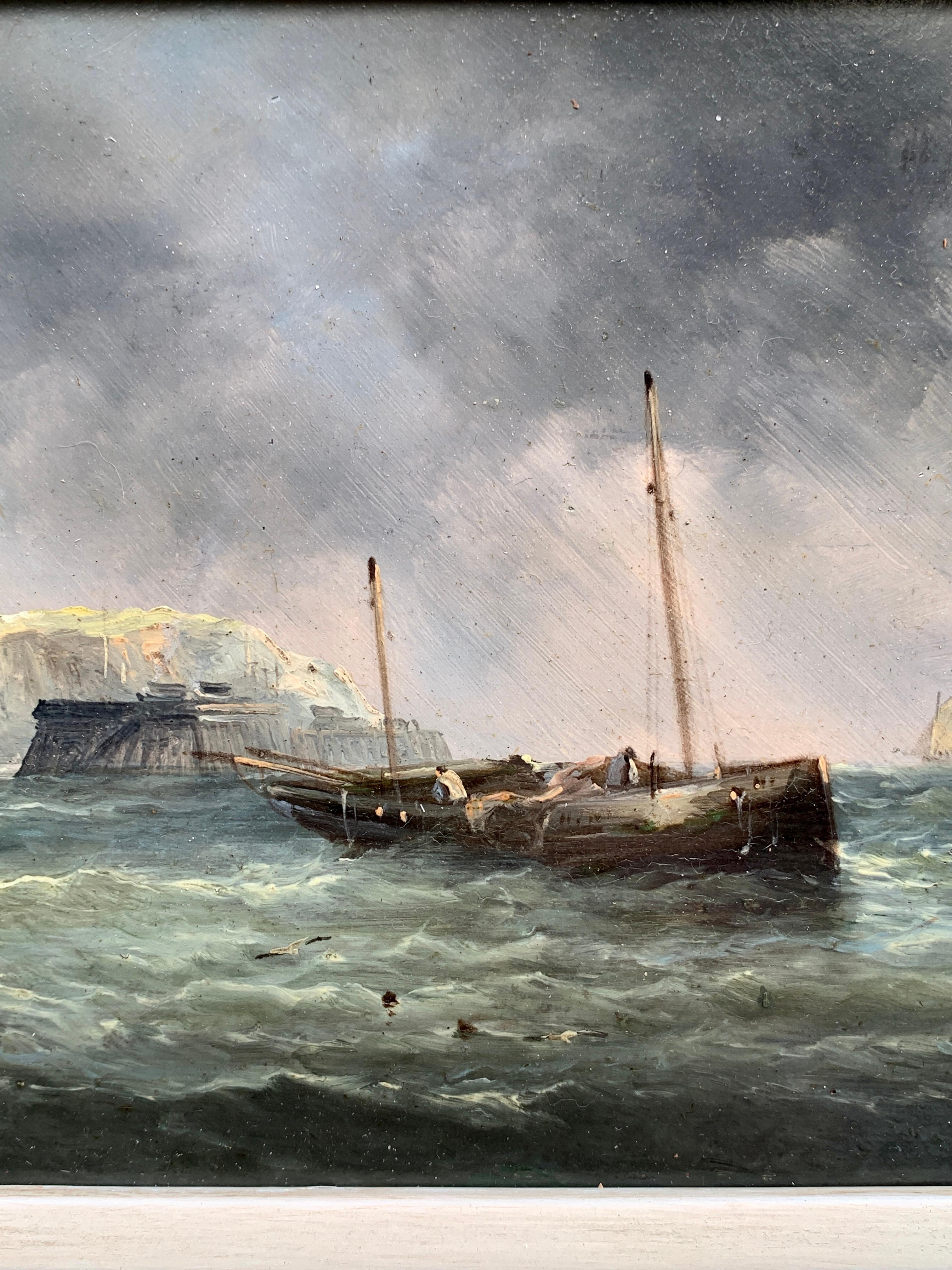 19th century antique English fishing boats by the White Cliffs of Dover - Painting by J.H.Watson