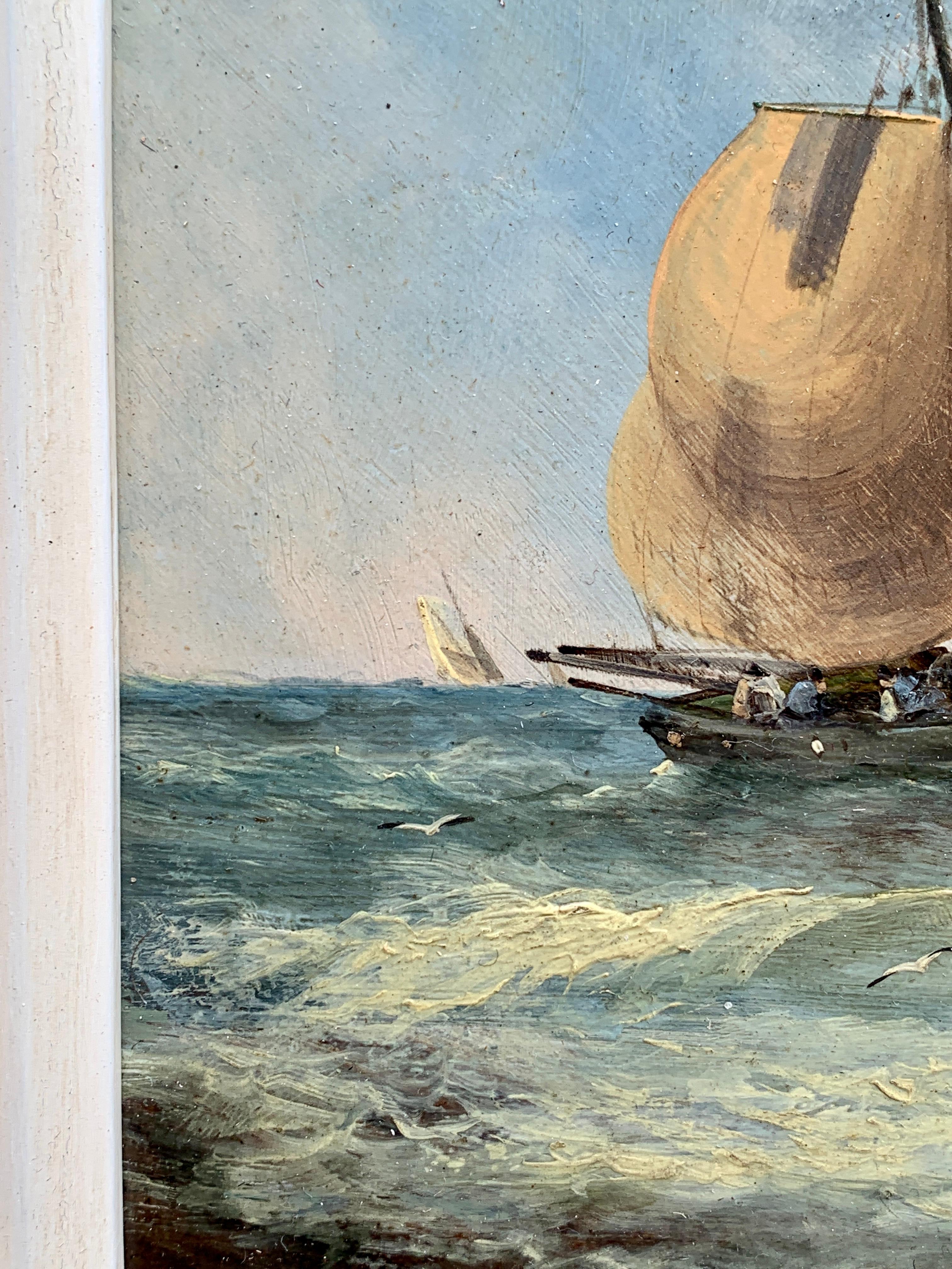 19th century antique English fishing boats by the White Cliffs of Dover - Victorian Painting by J.H.Watson