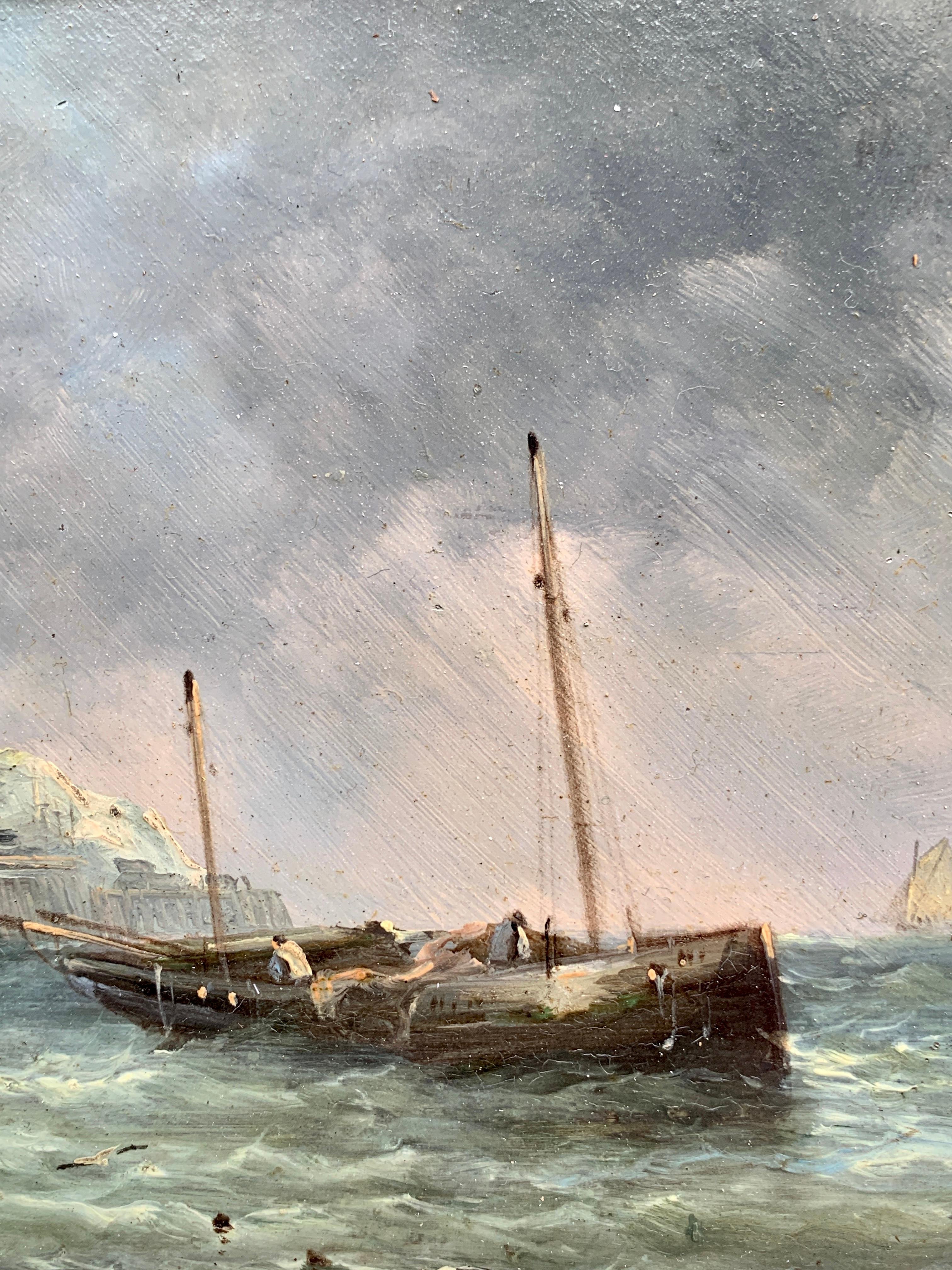 19th century antique English fishing boats by the White Cliffs of Dover - Victorian Painting by J.H.Watson