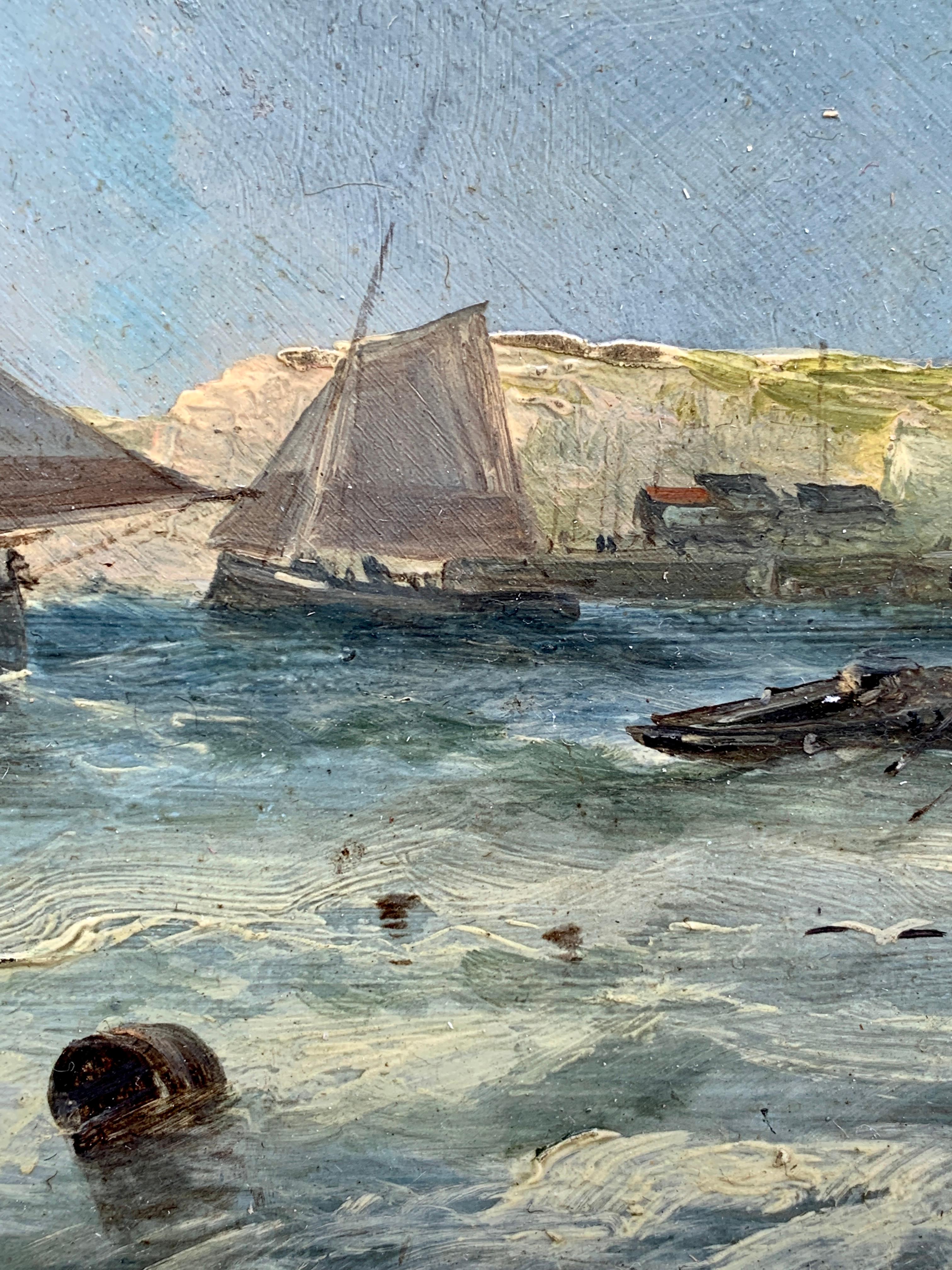A very pretty late 19th-century English marine scene of fishing boats beached after being out to sea and bringing in their catch for the day. 

This was a subject that was very popular during the 19th century and showed the new middle-class painting