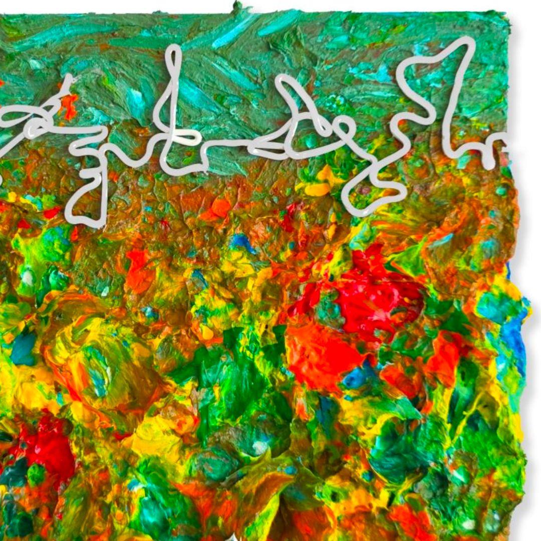 Humming Letter #141 by Ji-an Kwon – Mixed Media on Canvas, 27 x 27 cm (2025)
Ji-an Kwon’s “Humming Letter #141” (2025) is a vibrant mixed media on canvas, measuring 27 x 27 cm (10.6 x 10.6 in). The composition is dominated by bold layers of green,