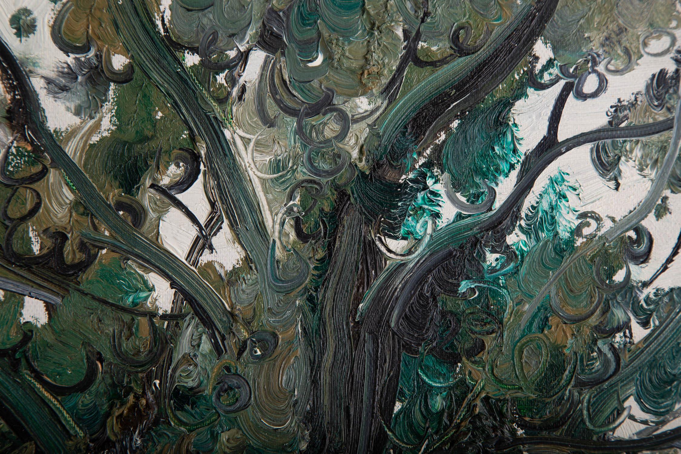Peinture à l'huile originale impressionniste de Jiabang Kang « Cyprès » en vente 2