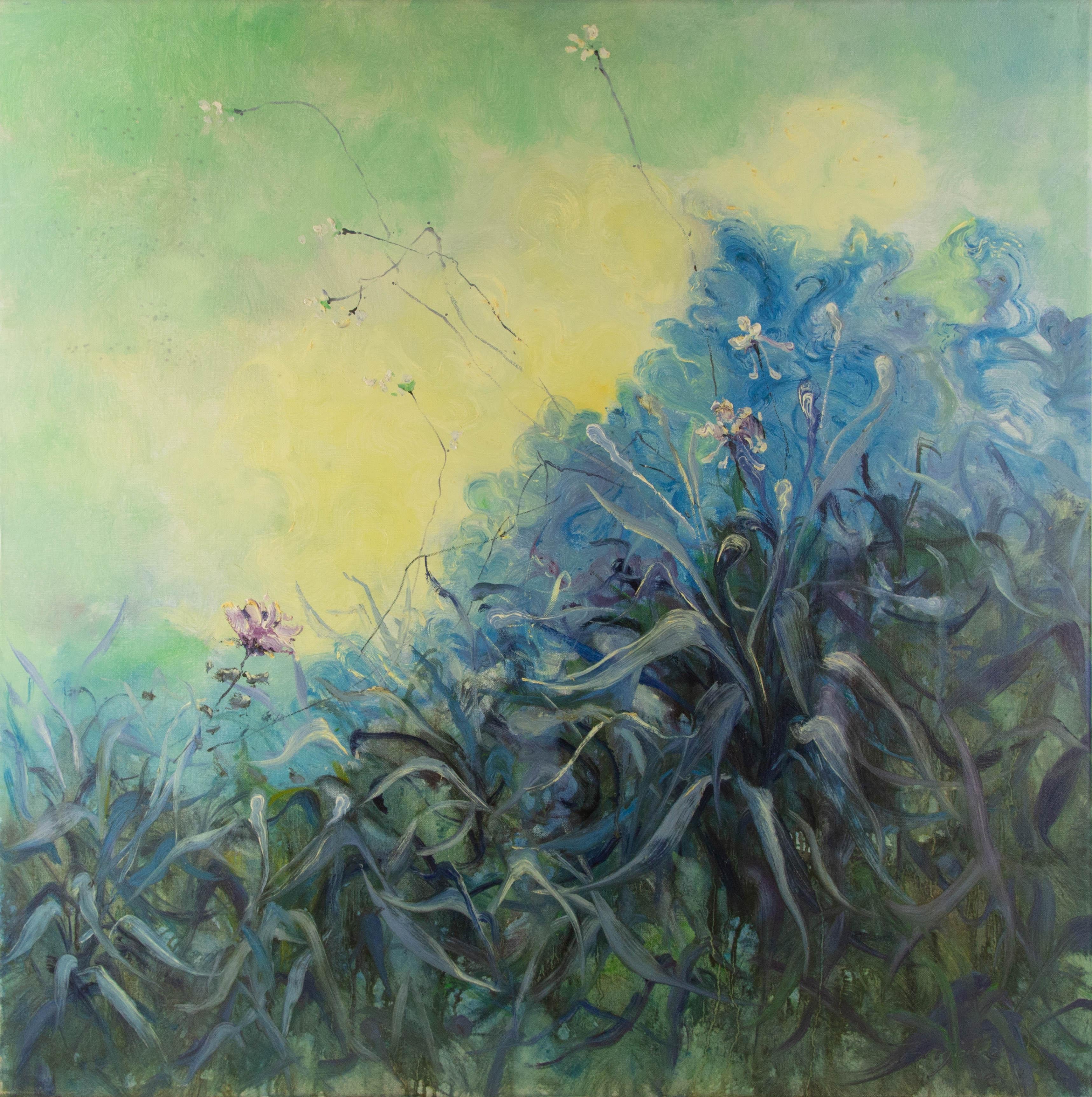 Jiahe Fu Floral Óleo original sobre lienzo "Pradera verde y azul"
