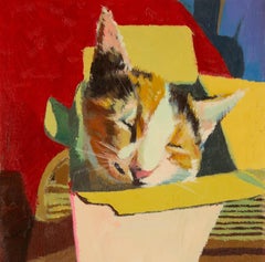 Huile sur toile originale "Calico Cat", JiaLi Chen Animal