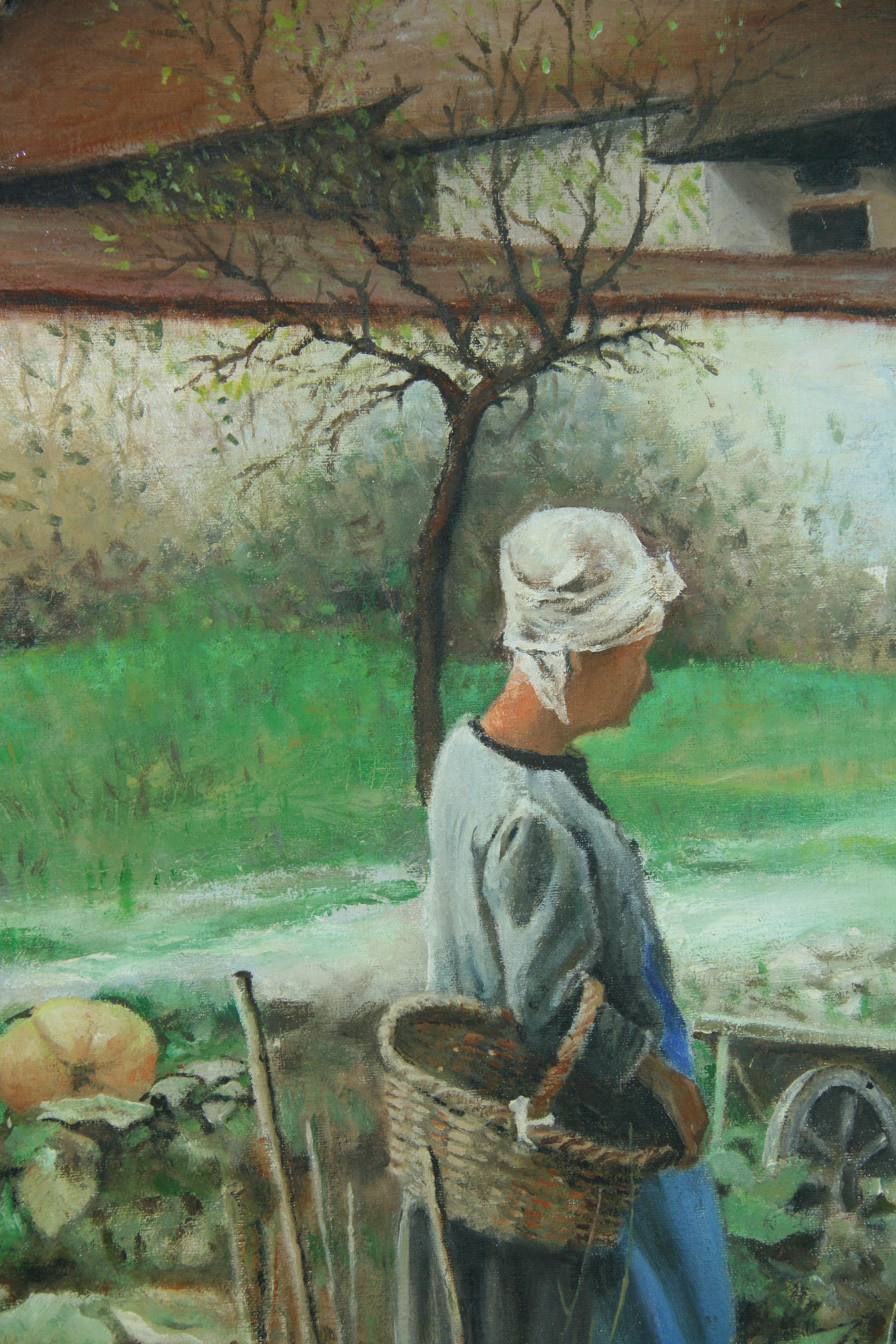 Französische Frau, die ihren Garten pflegt Großes Ölgemälde im Angebot 7