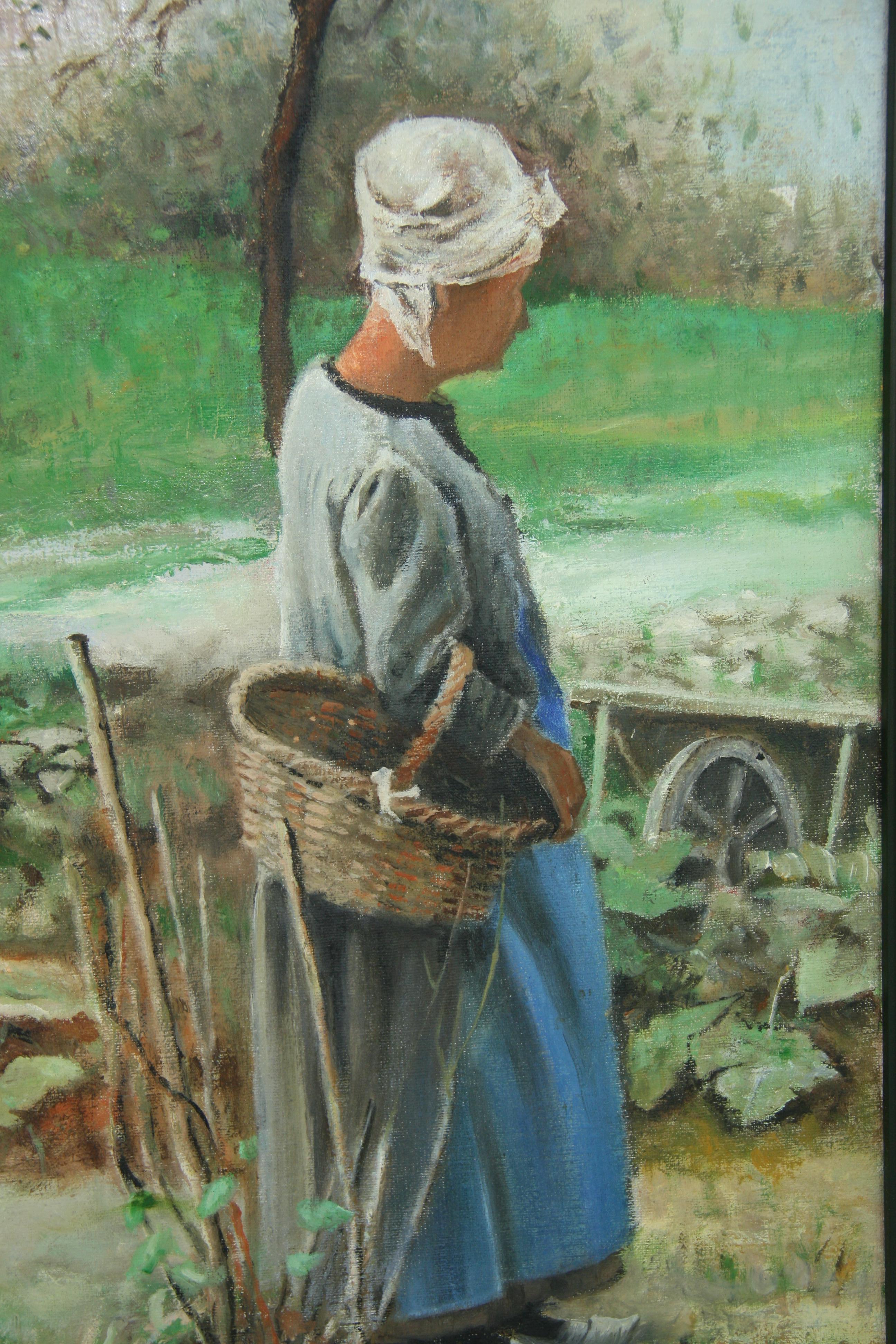 Französische Frau, die ihren Garten pflegt Großes Ölgemälde im Angebot 8