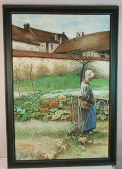French Woman Tending Her Garden Large Oil Painting