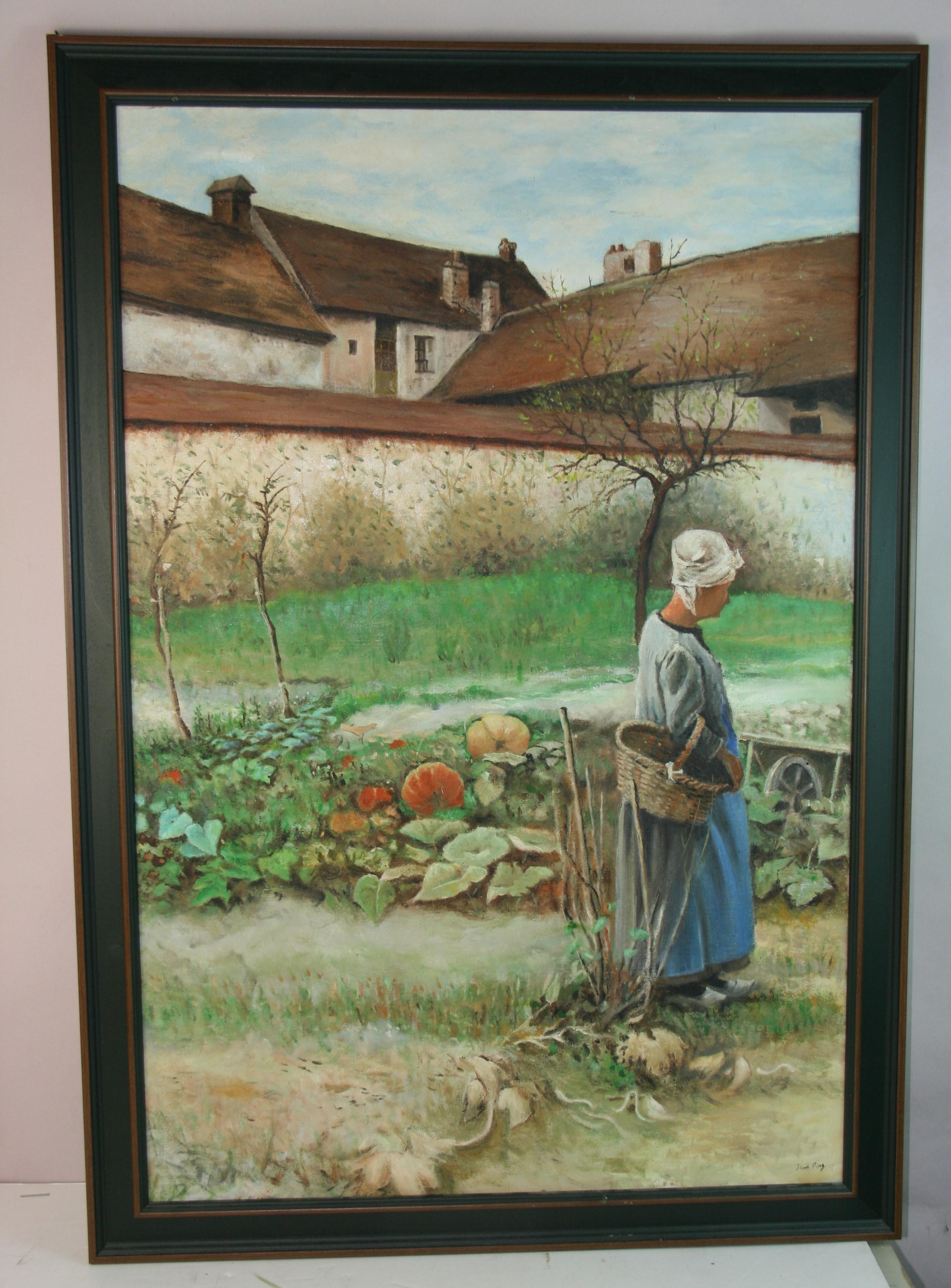 Französische Frau, die ihren Garten pflegt Großes Ölgemälde (Braun), Landscape Painting, von Jian Ping