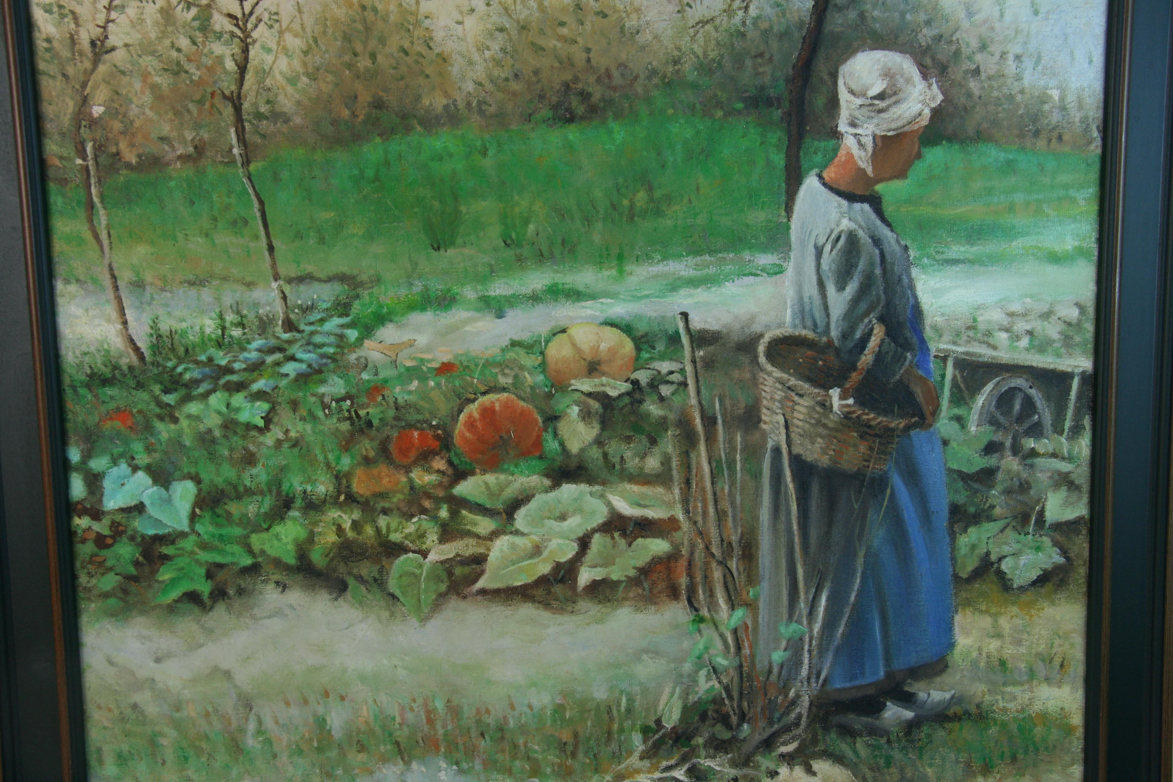 Französische Frau, die ihren Garten pflegt Großes Ölgemälde im Angebot 5
