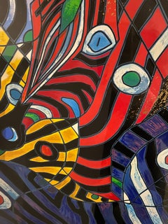 "Harmony" Colorful Zebras Lithograph by Chinese Artist Jiang Tie-Feng  #35/75